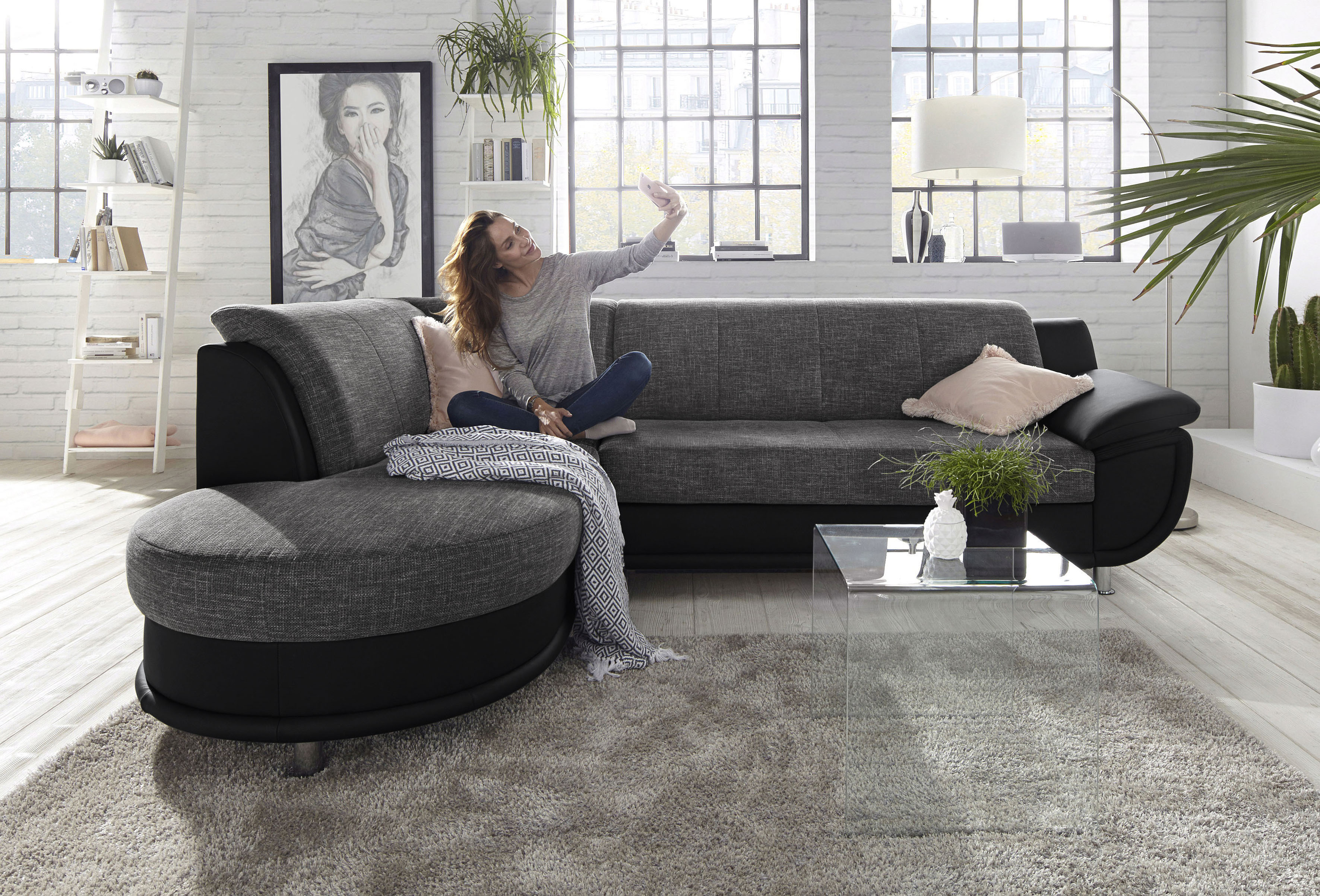 TRENDMANUFAKTUR Ecksofa "Rondo 3, zeitlos & bequem, Materialmix, L-Form, Breite 265cm" wahlweise mit Federkern für mehr Komfort, wahlweise mit Bettfunktion
