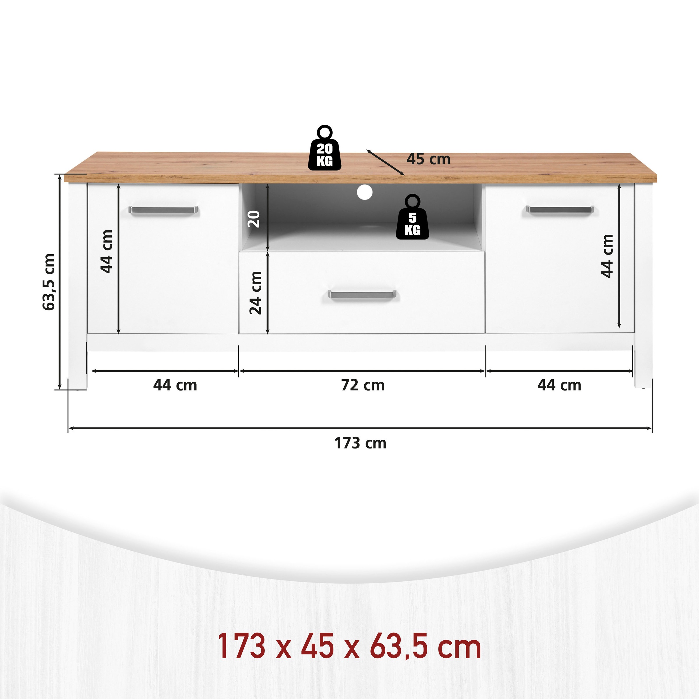Inter Link TV-Board »Pienza, Weiss/Artisan Eiche Nachbildung, viel Stauraum, Softclose« 1 Stk. tlg. TV Lowboard mit Kabeldurchführung, Skandi Look, 173 x 45 x 64 cm