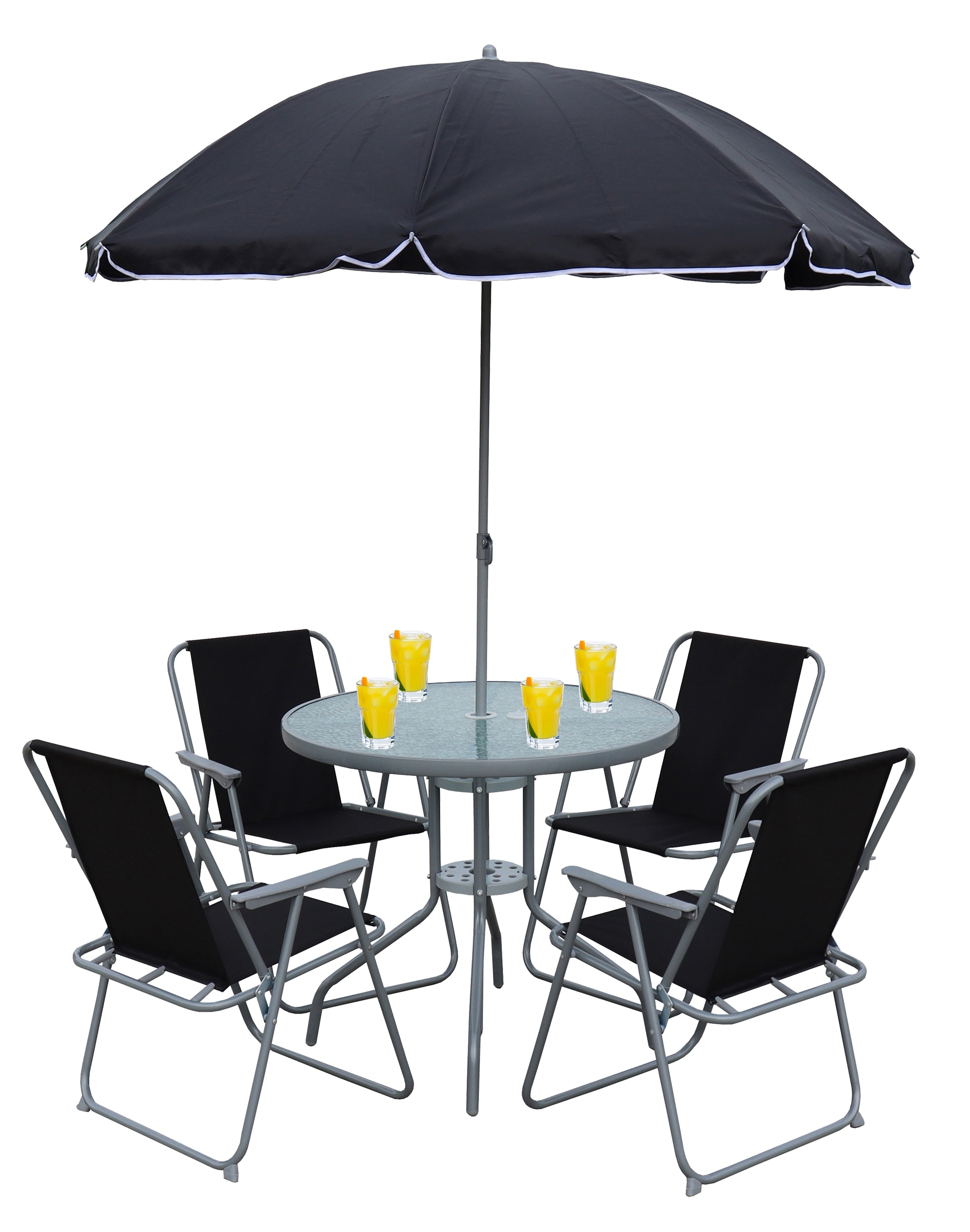 Garten-Essgruppe VCM "6tlg Balkonset Gartenmöbel Stapelstühle Set Maxola", schwarz, B:75cm T:75cm, Obermaterial: 90% Metall MT. 10% Textilmaterial TEXMAT., Sitzmöbel-Sets