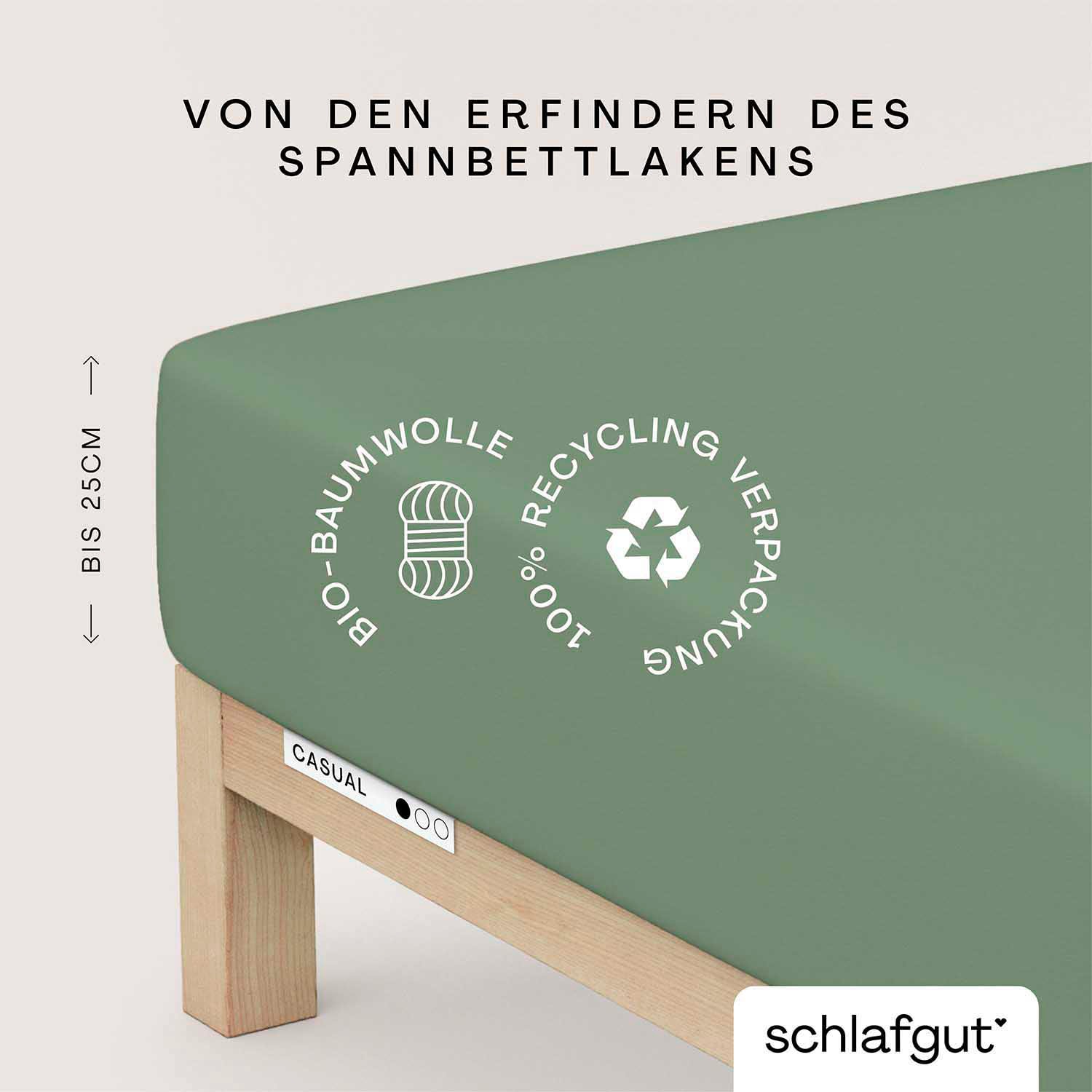 Schlafgut Spannbettlaken "CASUAL Bettlaken 100% gekämmte Bio-Baumwolle, 150 g/m², Spannbetttuch" Bettlaken bis 25 cm Höhe, langlebig, weich, Antipilling-Ausrüstung