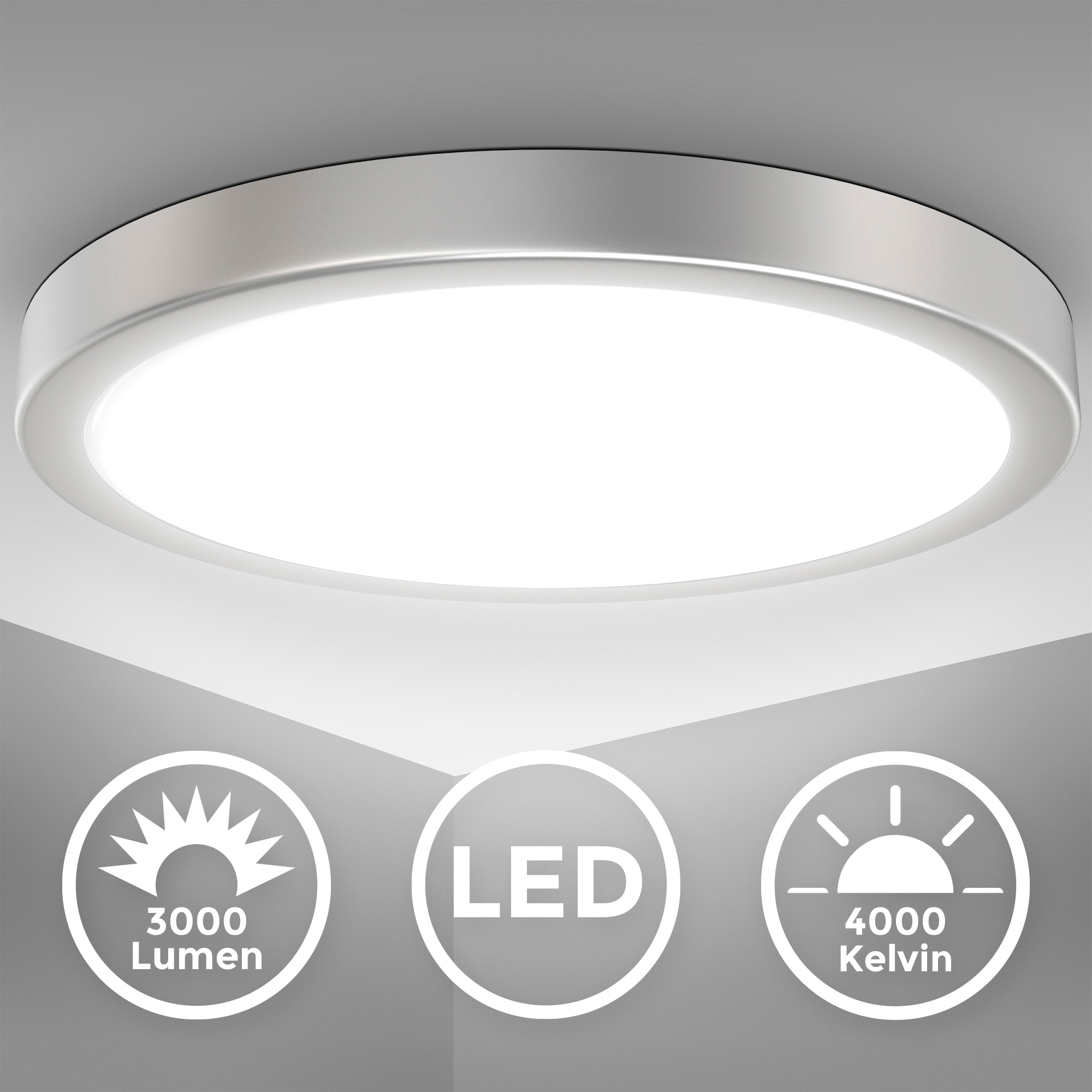 B.K.Licht LED Deckenleuchte »BK_DL1537 LED Deckenlampe, Ø38cm, Neutralweißes Licht, Silberfarbig«, 1 flammig, Leuchtmittel LED-Modul | LED fest integriert, 24W, 4.000K, 3.000Lm, Küchenlampe