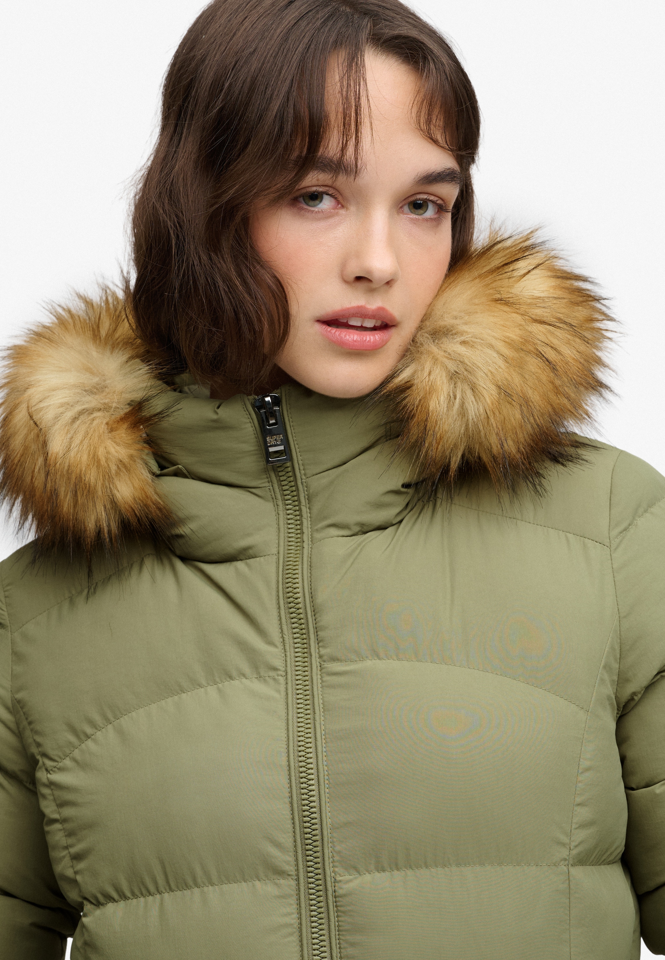Superdry Steppjacke »HOODED FAUX FUR FUJI LONGLINE« mit Kapuze Kunstfaser, slim fit