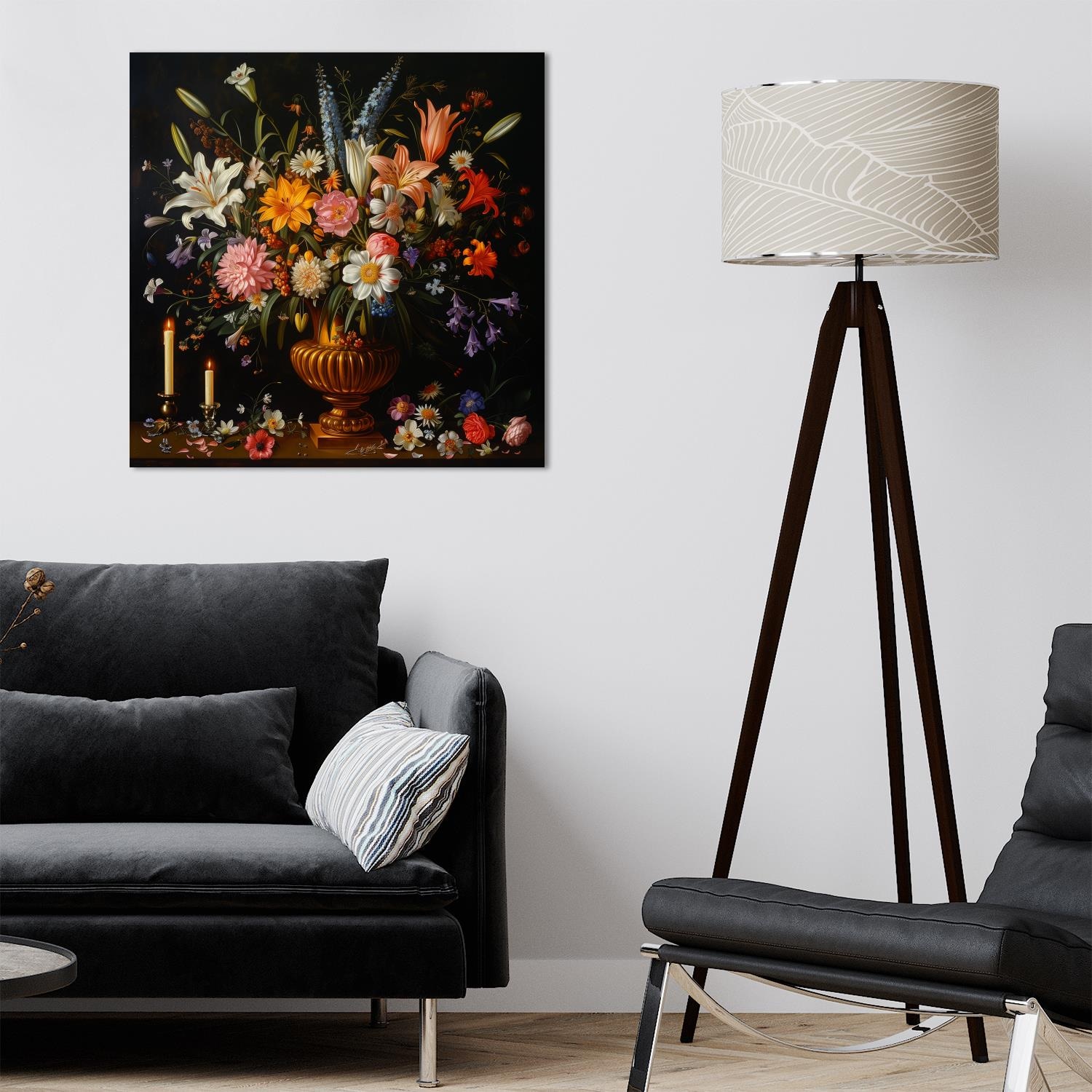 queence Leinwandbild "Blumenstrauß und Kerzen" Blumen Blumenbilder Gemälde Kunst Pflanzen Pflanzenbilder Romantisch Stillleben Vasen Vasen & Töpfe 1 Stk. tlg. Premium-Leinwandstoff, Handarbeit aus Deutschland