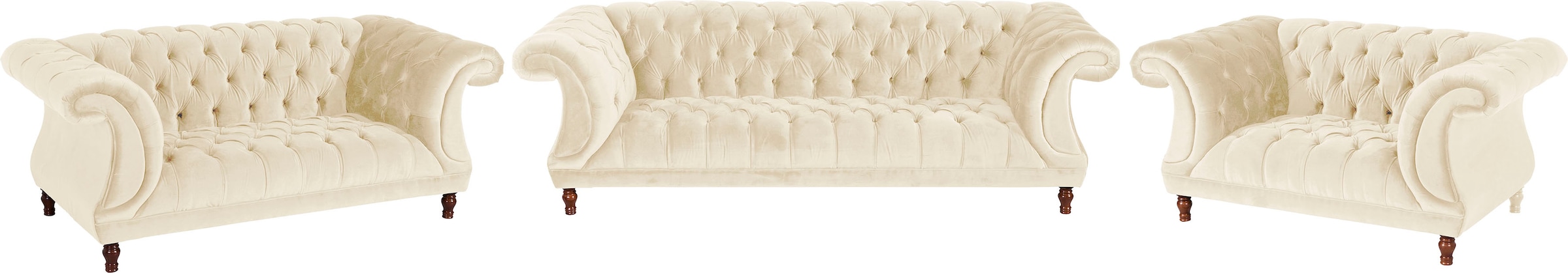 Max Winzer Chesterfield-Sofa "Isabelle", Knopfheftung & gedrechselten Füßen in Buche Nussbaum, Breite 260 cm