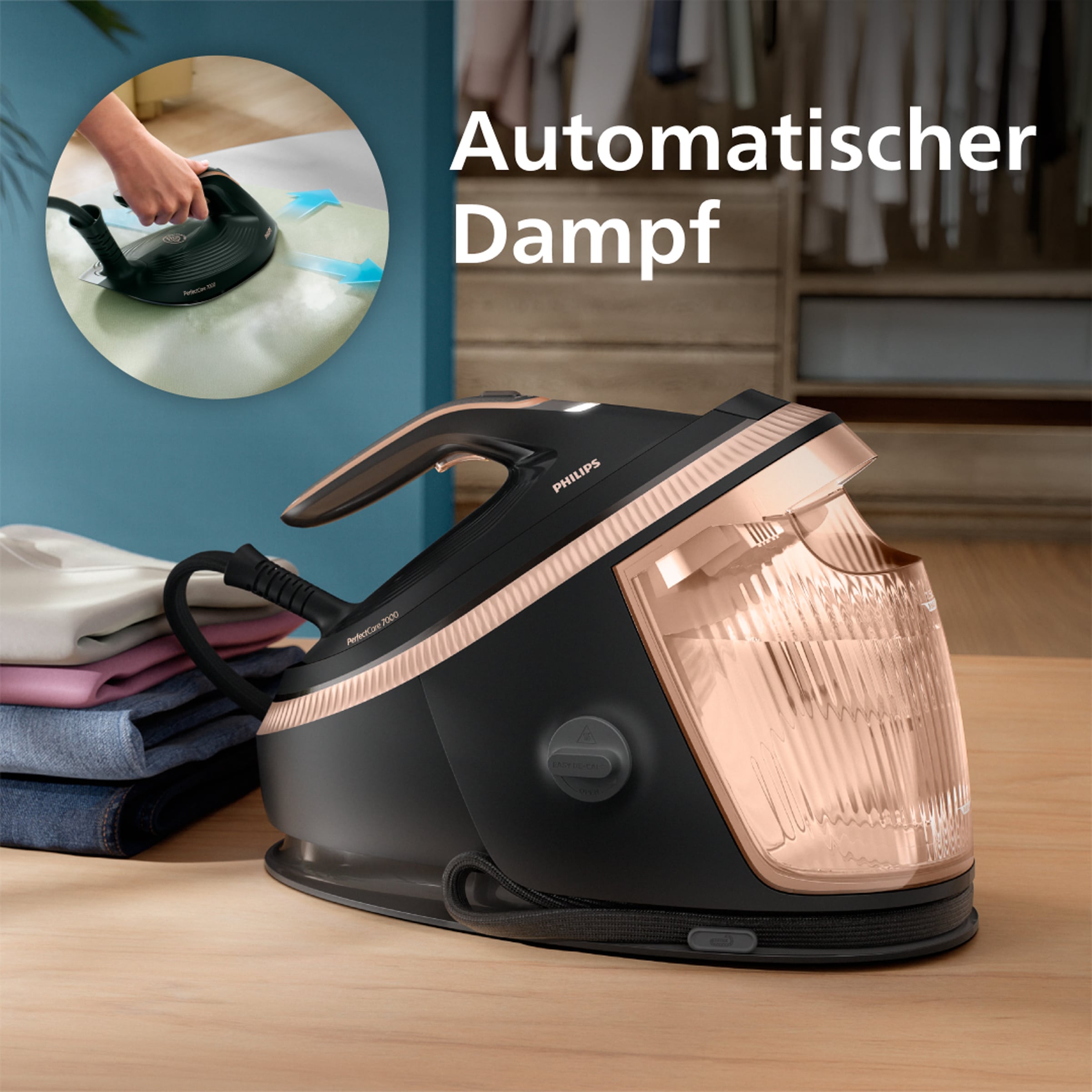 Philips Dampfbügelstation »PerfectCare 7000 Series PSG7300/80, Schwarz/Gold«, 2.850 Watt, OptimalTemp & TurboPower-Dampfmotor, 650 gr Dampfstoß