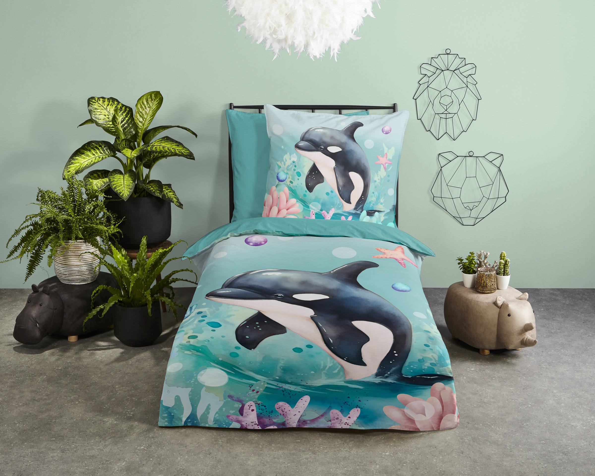 PURE luxury collection Kinderbettwäsche »Splash«, Mikrofaser, 135x200, 2 Teilig, Wendeoptik, Kind, Schwertwal, Orka