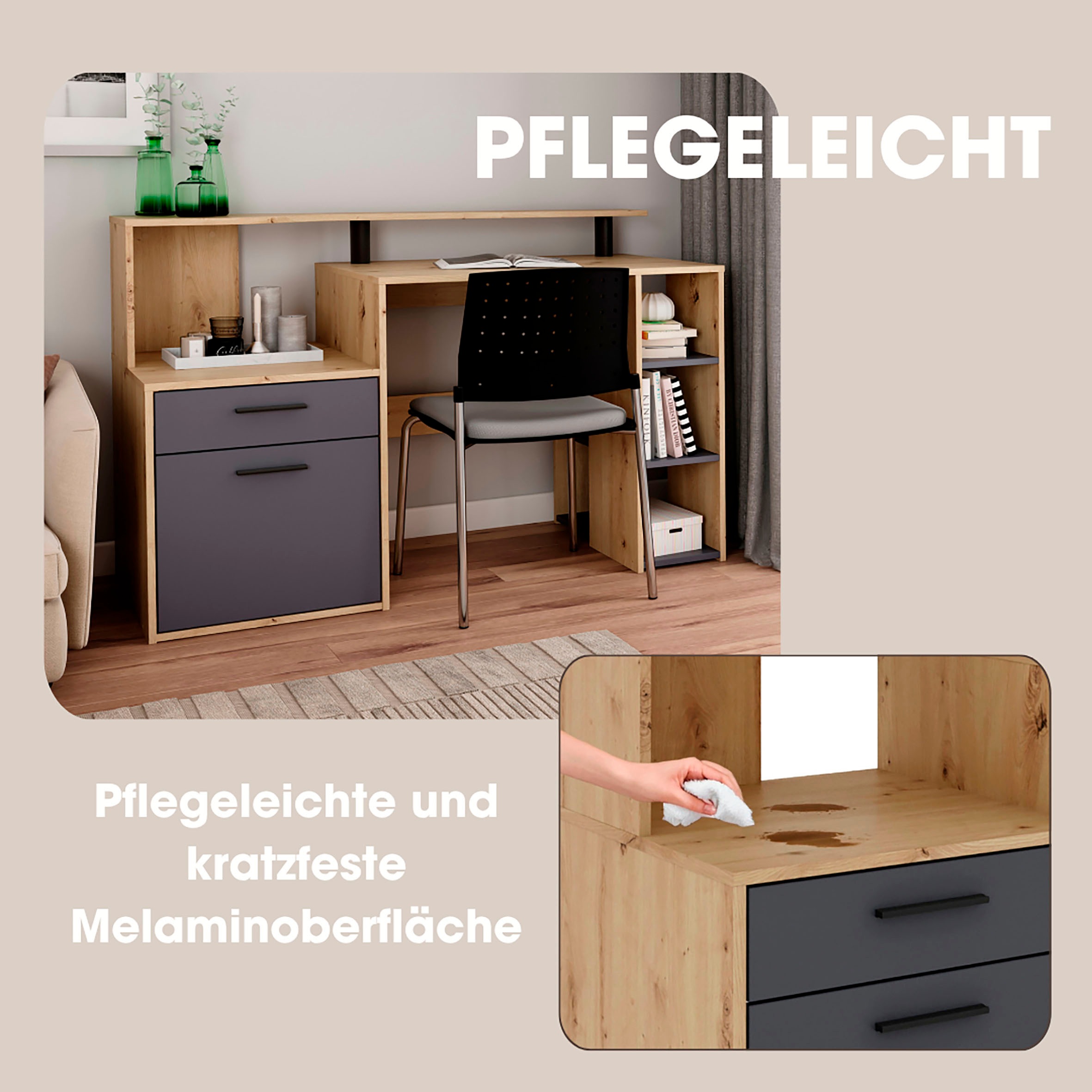 byLIVING Schreibtisch »Louise«, Breite 140 cm, Regal-Schreibtisch mit viel Stauraum