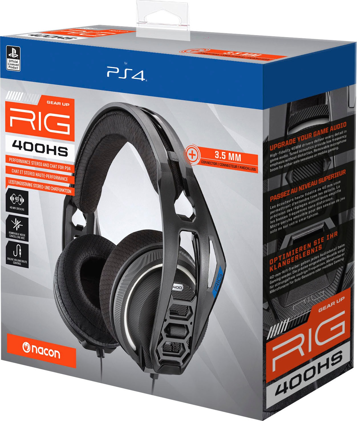nacon Gaming-Headset »Nacon RIG 400HS Gaming-Headset, schwarz, 3,5 mm Klinke, kabelgebunden«, Geräuschisolierung-Mikrofon abnehmbar, Stereo, Over Ear, Xbox, PC, PS4-Lizenz