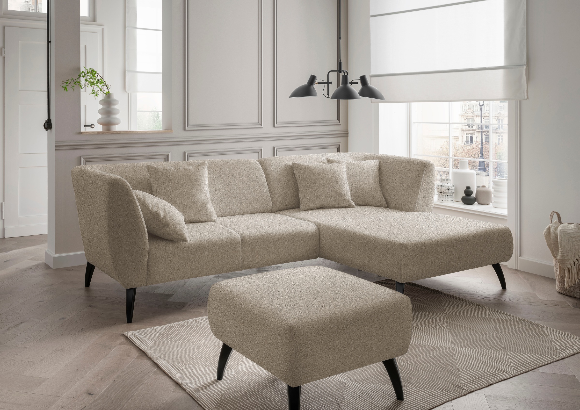 Home affaire Ecksofa "Lazio modern und bequem, schmale Armlehnen, tolle Detailverarbeitung" Holzfußfarbe wählbar, inkl. 4x Zierkissen