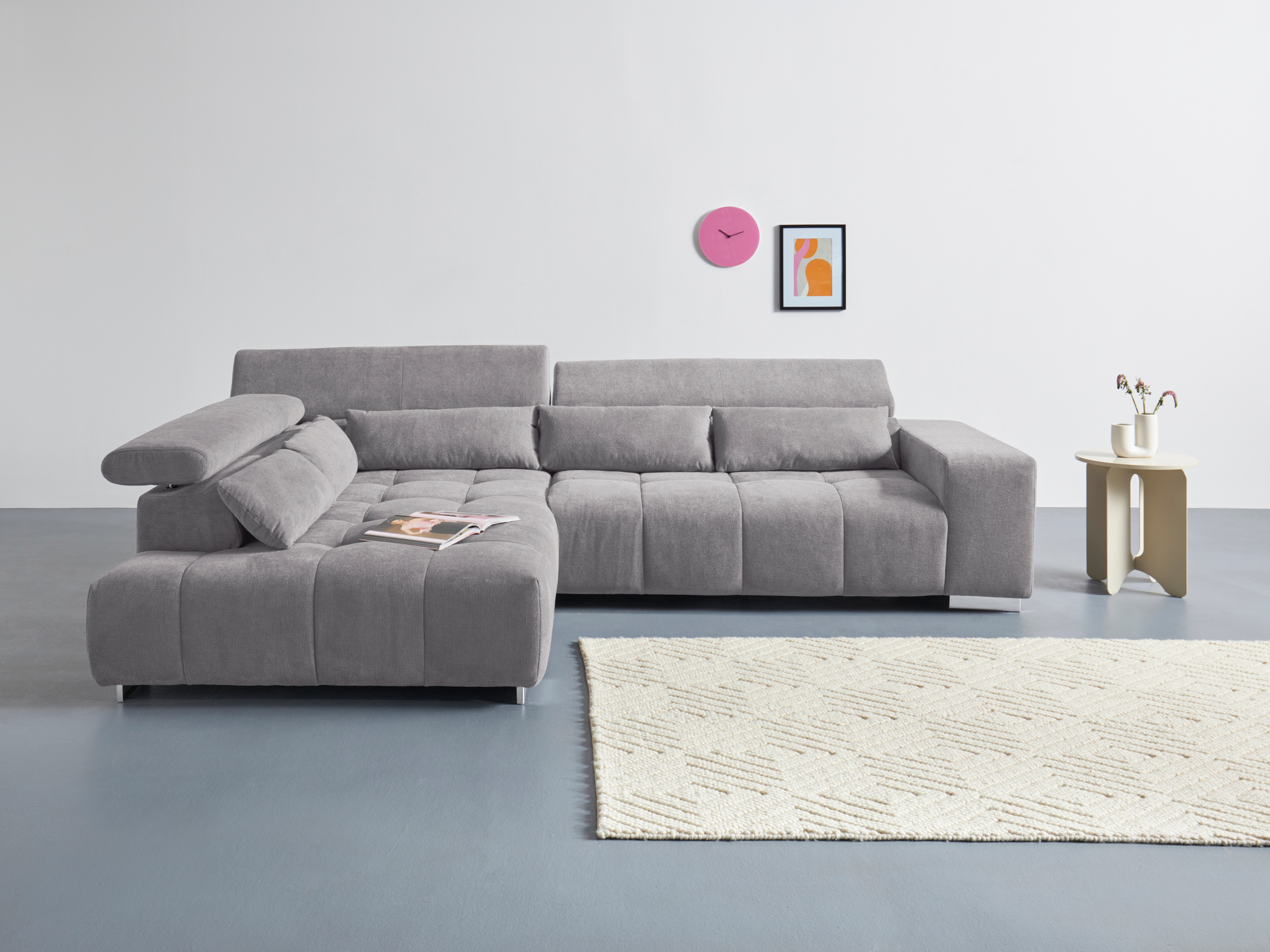 COTTA Ecksofa "Orion L-Form, B: 310 cm, moderne Steppung, bequeme Wellenunterfederung" Kopfteilverstellung & 5 Nierenkissen