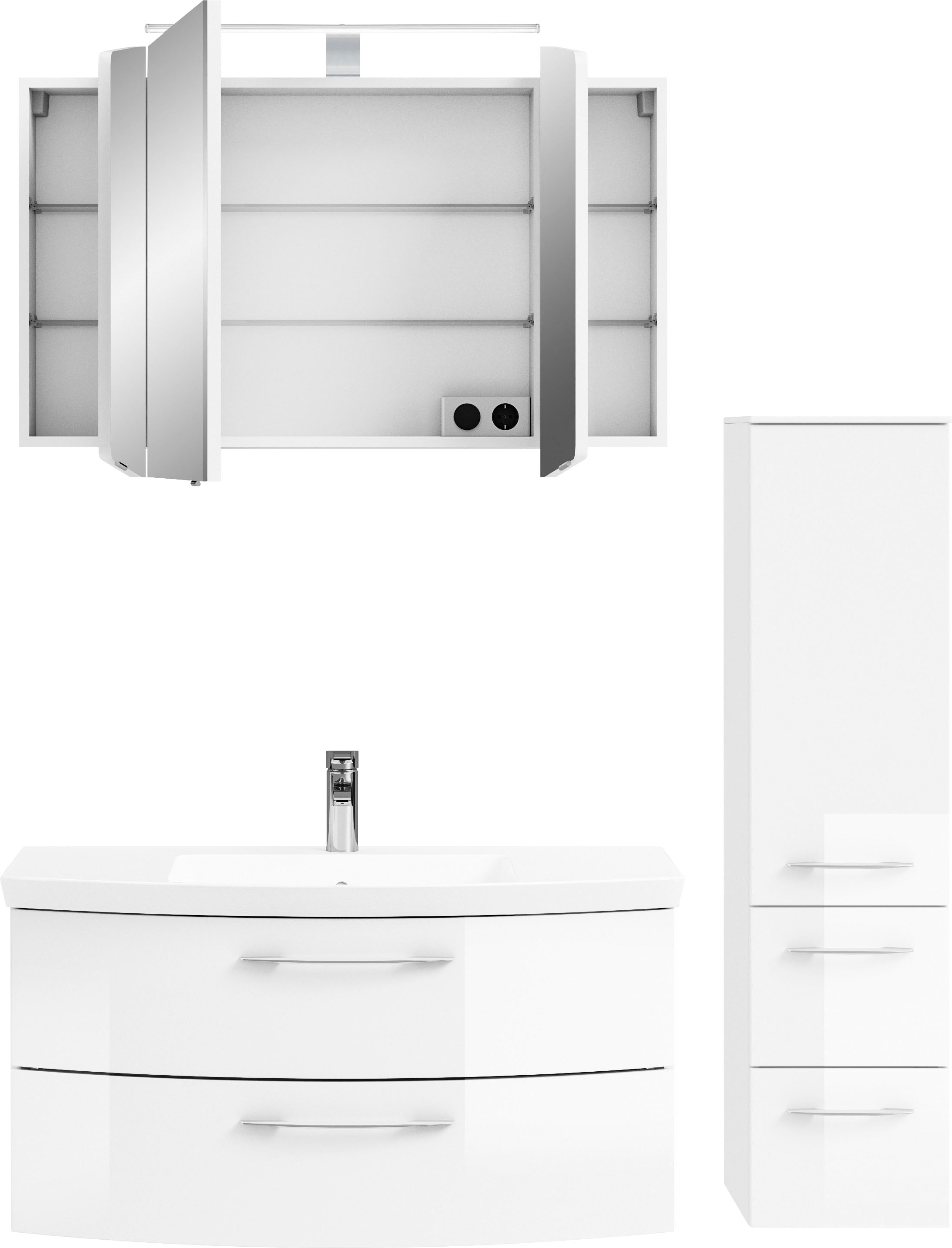 Saphir Badmöbel-Set »Cassca Sprint 3-teilig Mineralmarmor-Waschtisch mit LED-Spiegelschrank«, (4 St.), Midischrank, inkl. Türdämpfer, 4 Türen, 4 Schubladen