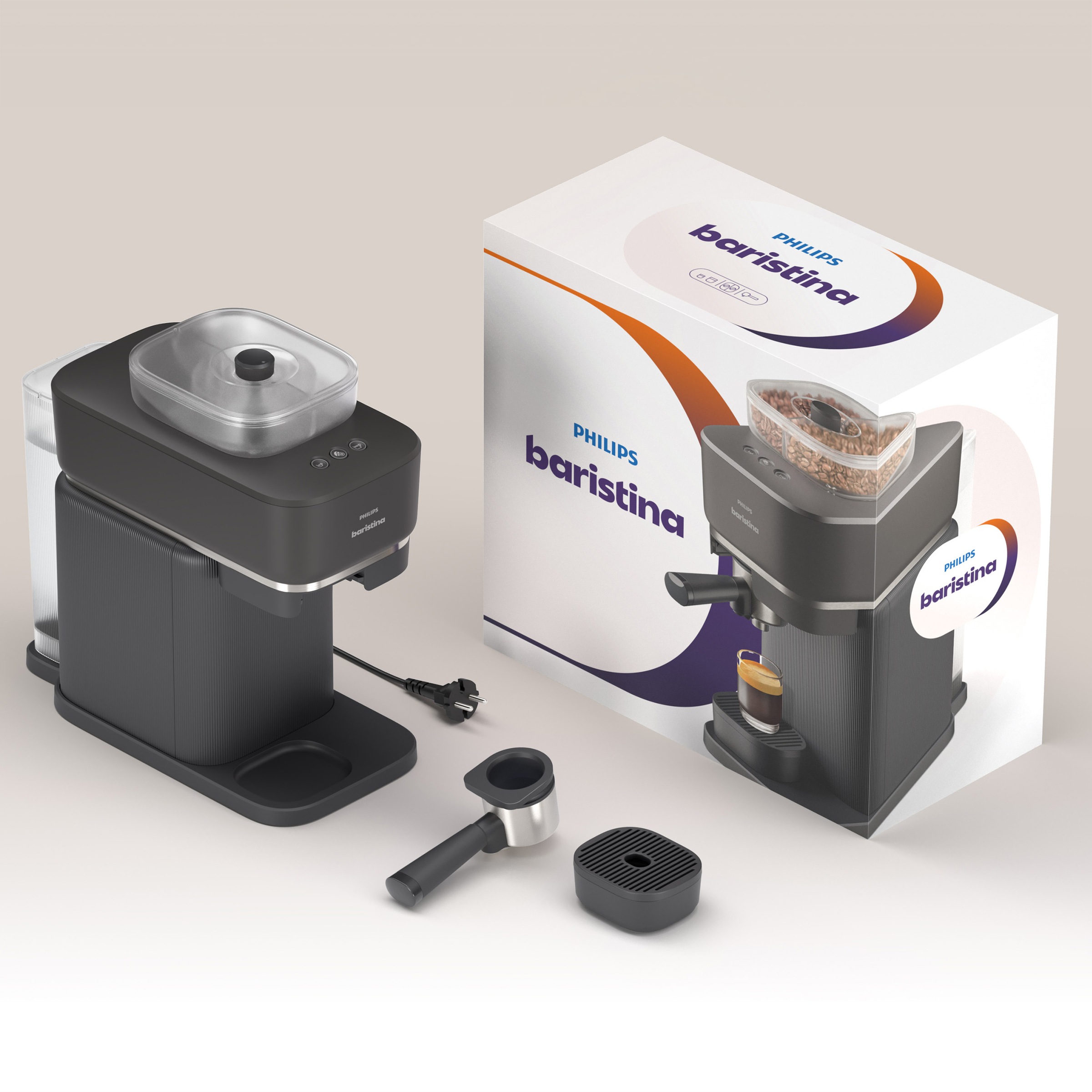 PHILIPS baristina Espressomaschine »mit Bean swap BAR320/60 mit Mahlwerk für ganze Bohnen«, Doppelter Bohnenbehälter, 16 bar Pumpendruck, Schwarzgrau