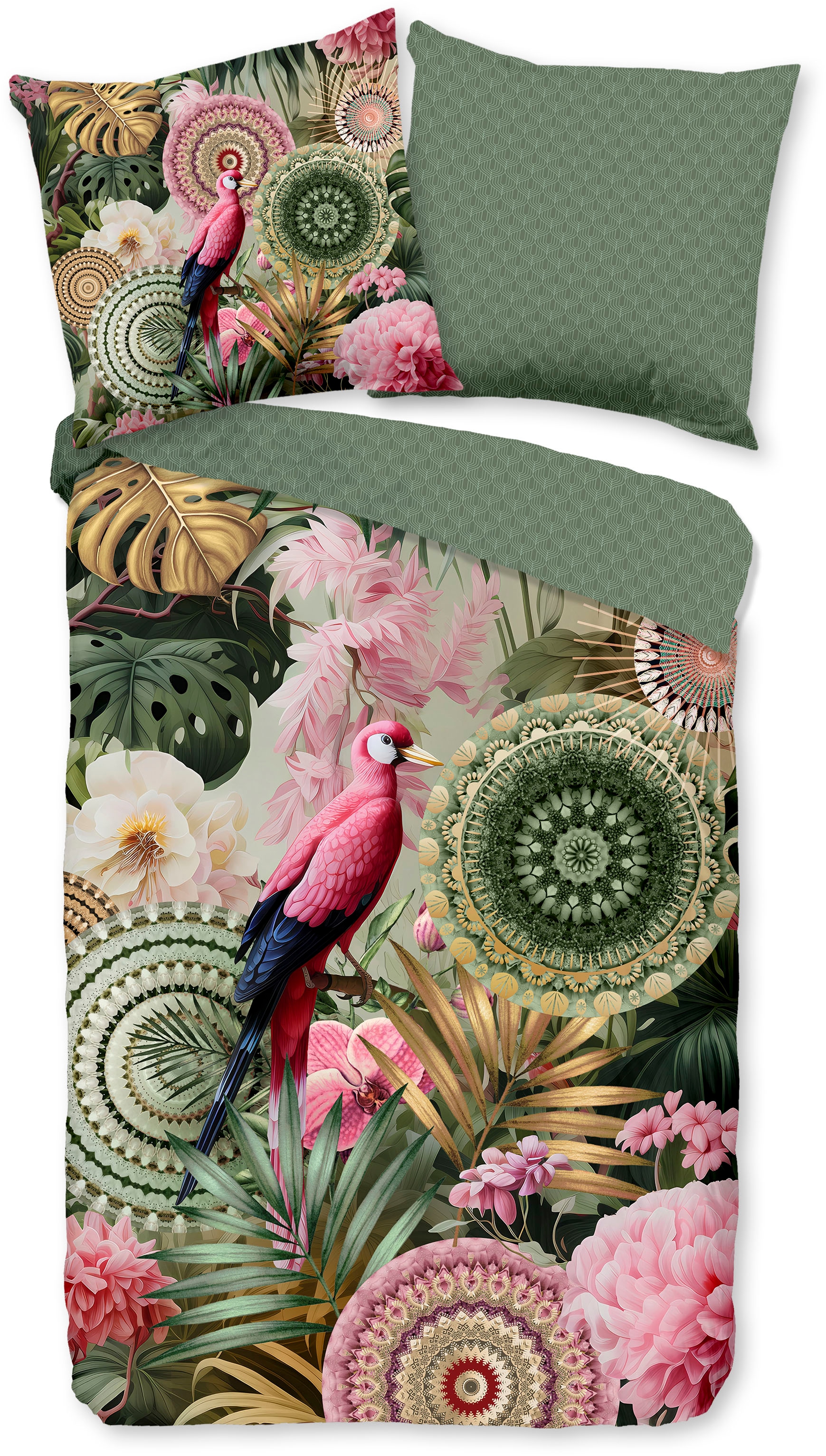 hip Wendebettwäsche "Palay" 2 Stk. Satin, Reißverschluss, Wendeoptik, Mandala, Blätter, grün