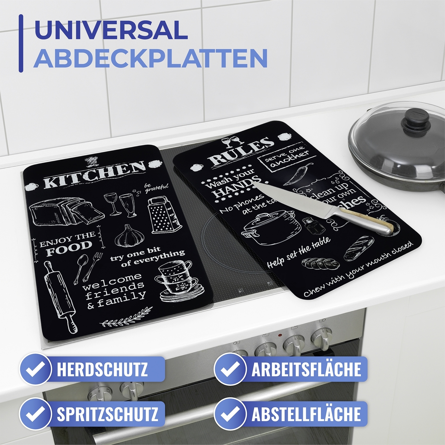 Maximex Herd-Abdeckplatte »Universal Modell KITCHEN RULES«, (Set, 2 tlg.), für Induktions-, Glaskeramik-, Elektro- und Gasherde, höhenverstellbar