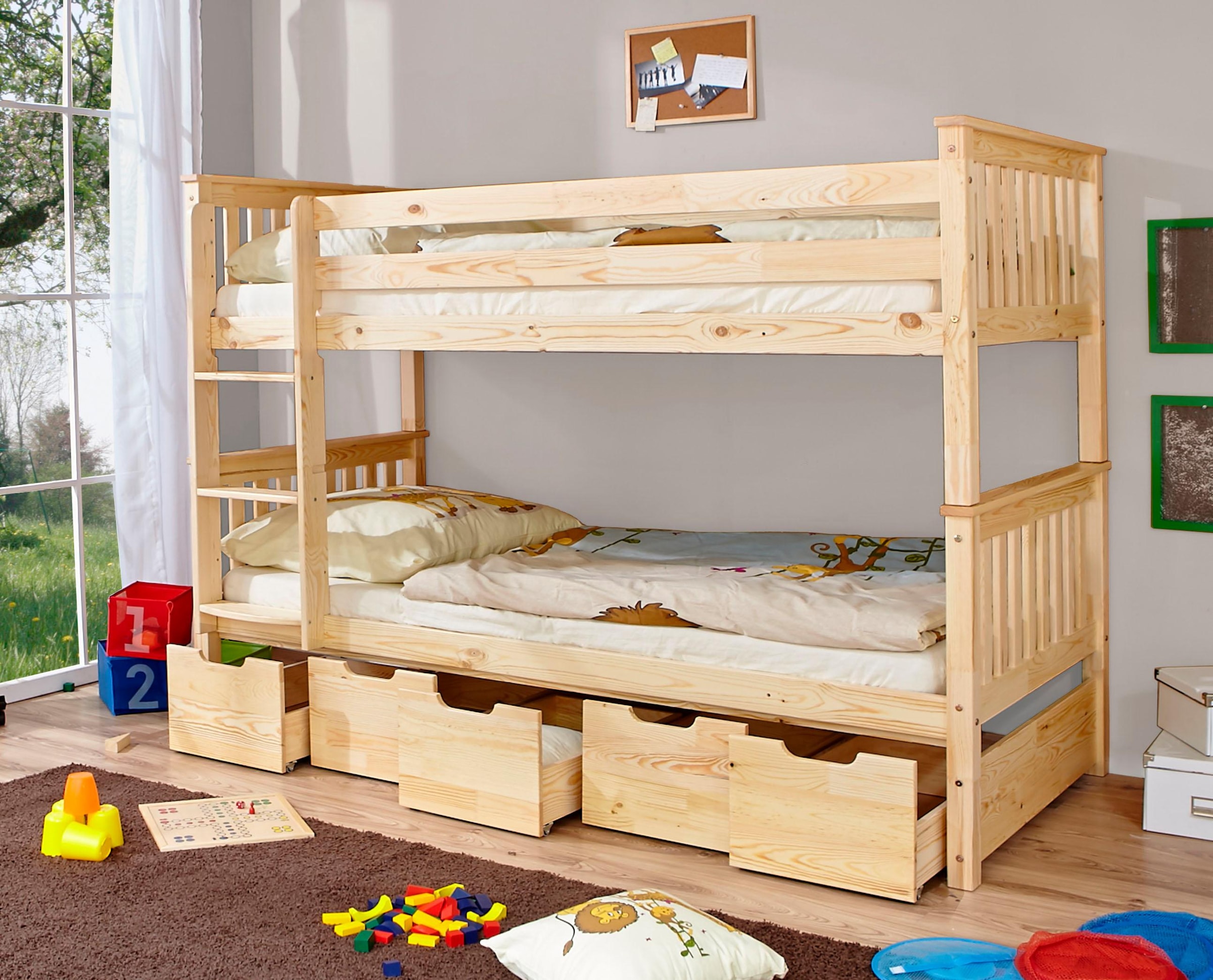 Ticaa Etagenbett »Sammy«, (90x200cm), mit Stauraum, umbaubar zu 2 Einzelbetten, Rollrost, Massivholz