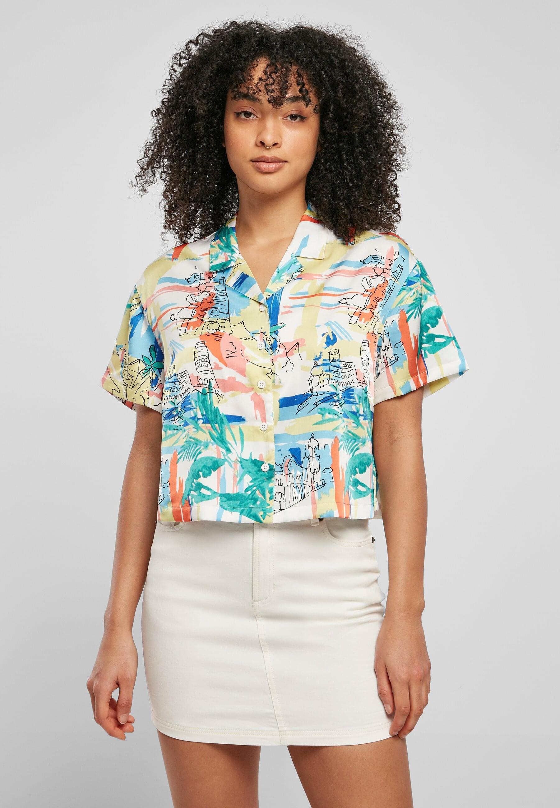 URBAN CLASSICS Klassische Bluse »Urban Classics Damen Ladies AOP Satin Resort Shirt«