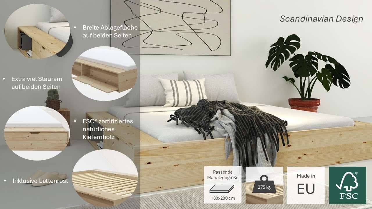 Home affaire Stauraumbett »Erno, Massivholzbett, Futonbett, 275KG belastbar«, (Breite/ Belastbarkeit: 120cm/275 KG, 180cm/275 KG), mit Lattenrost, Massivholz, FSC® zertifiziert, viel Stauraum + Ablagen