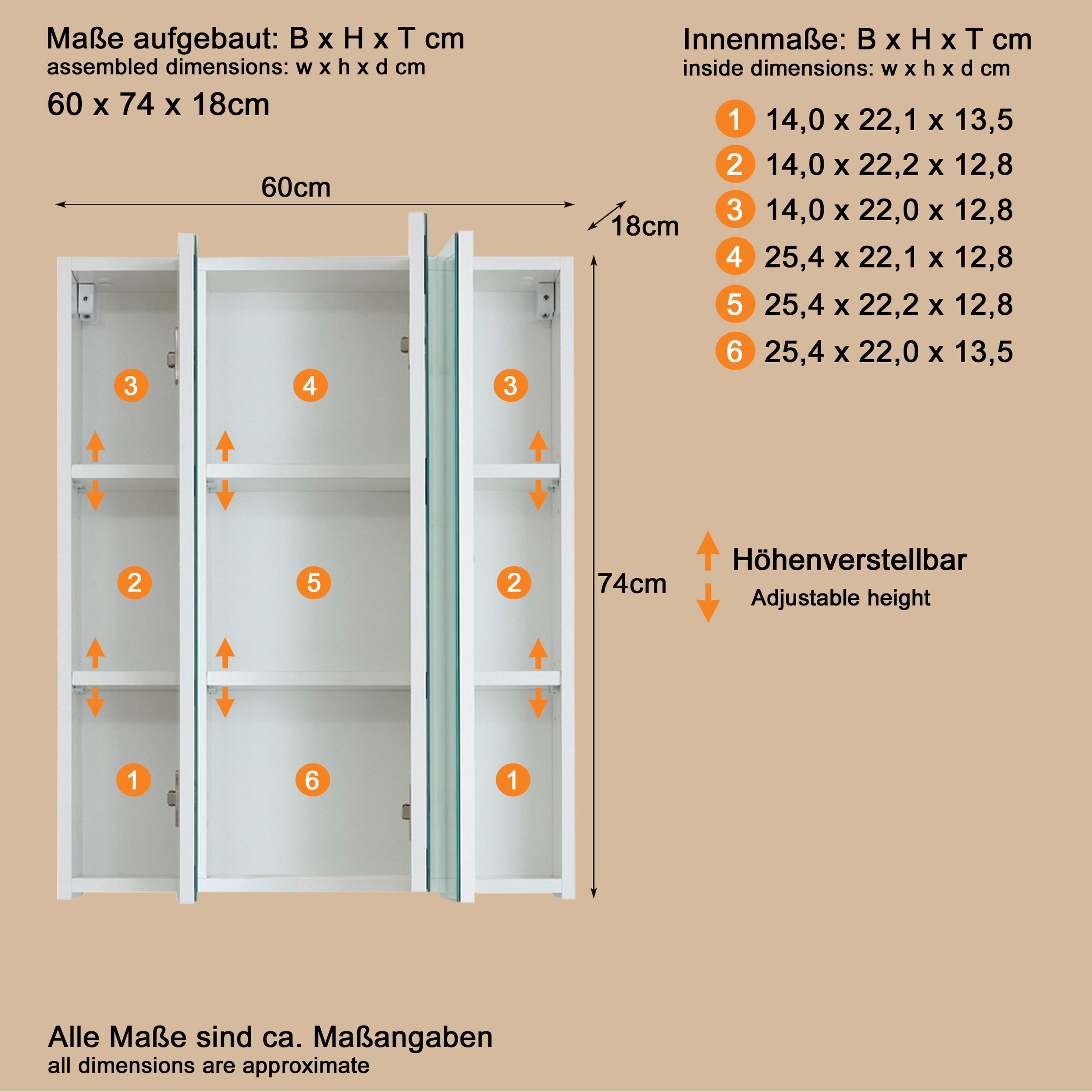 welltime Spiegelschrank »Mora« Spiegelschrank mit 3 Türen & 6 Böden - (B/T/H) 60/18/74 cm
