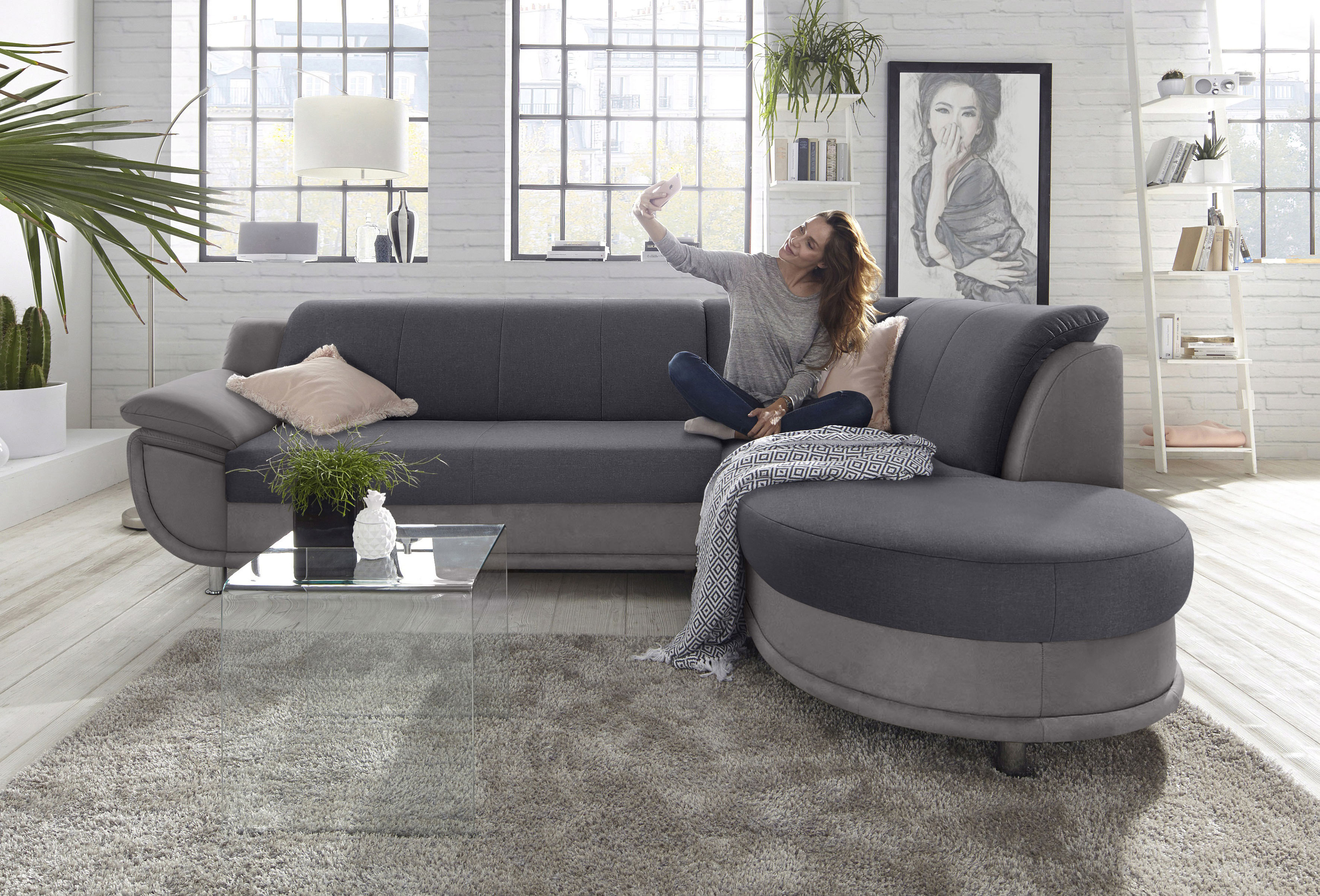 TRENDMANUFAKTUR Ecksofa "Rondo 3, zeitlos & bequem, Materialmix, L-Form, Breite 265cm" wahlweise mit Federkern für mehr Komfort, wahlweise mit Bettfunktion