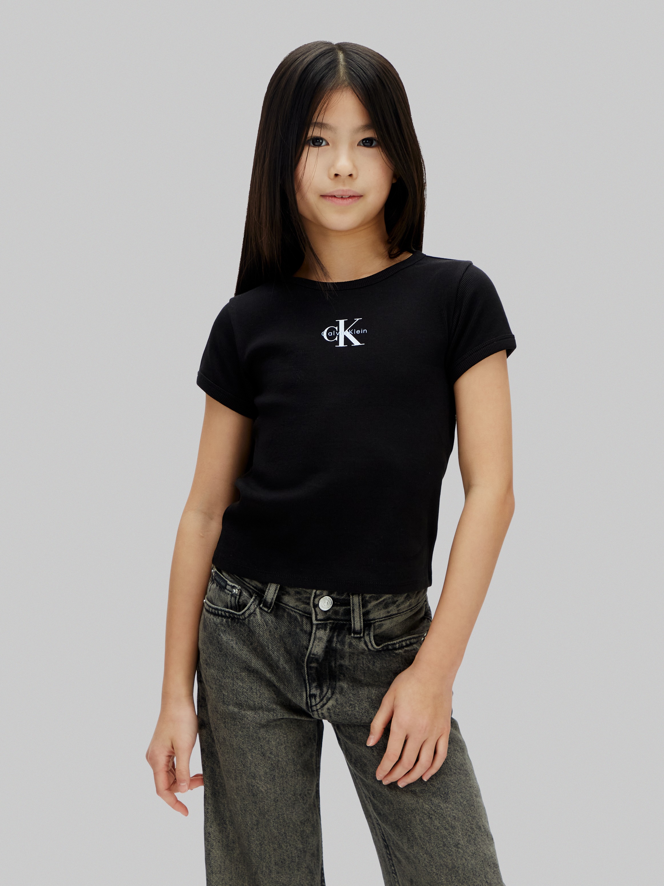 T-Shirt CALVIN KLEIN JEANS "MONOLOGO BABY TEE", Mädchen, Gr. 14 (164), ck schwarz, Single Jersey, Obermaterial: 100% Baumwolle, unifarben, regular fit normal, Rundhals, eingesetzt abgesteppte Kante, Shirts T-Shirt, Regular fit für Kinder, mit Logoschriftz