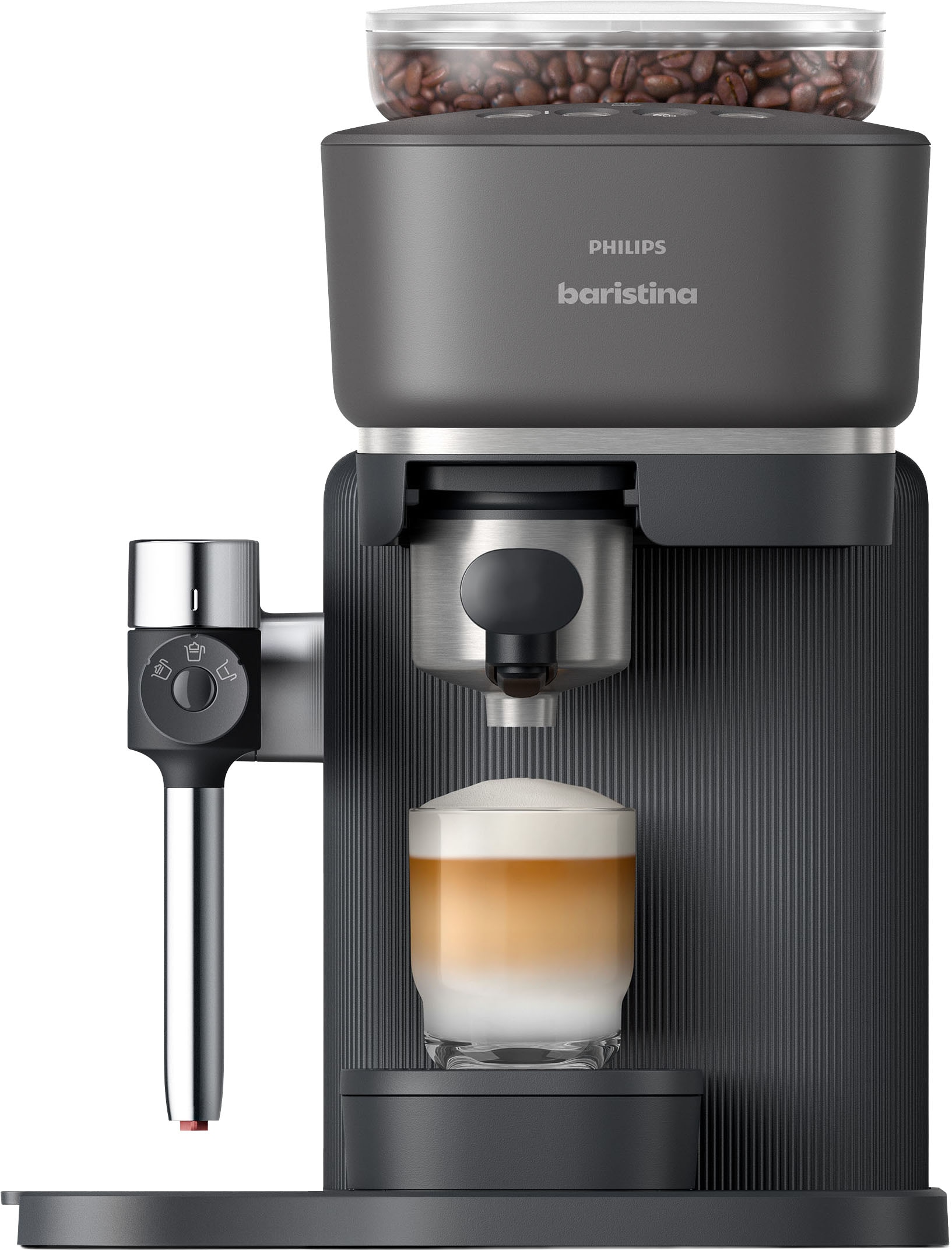 PHILIPS baristina Espressomaschine »Latte BAR400/60 mit Mahlwerk für ganze Bohnen und Milchschaumdüse« 3 Schaumarten, 16 bar Pumpendruck, Schwarzgrau​