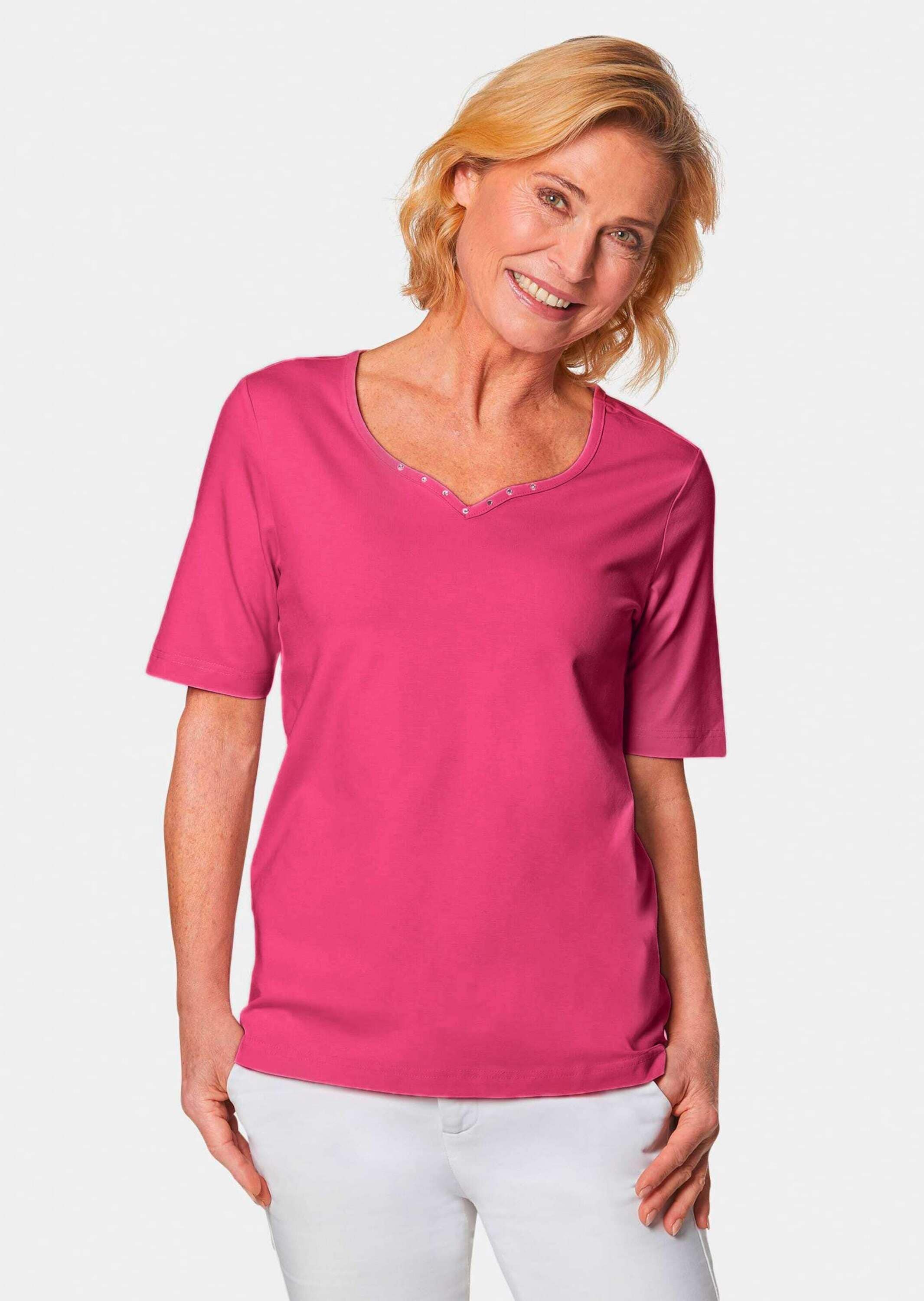 GOLDNER Langarm-Poloshirt »T-Shirt T-Shirt mit charmantem Ausschnitt und Schmucksteinchen«