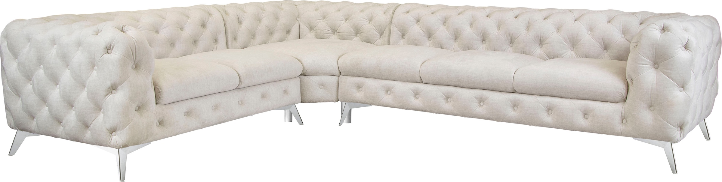 Leonique Chesterfield-Sofa »Ecksofa GLYNIS L-Form mit Wellenunterfederung, Maße B/T/H 323/264/75cm«, aufwändige Knopfheftung, moderne Chesterfield Optik, Fußfarbe wählbar