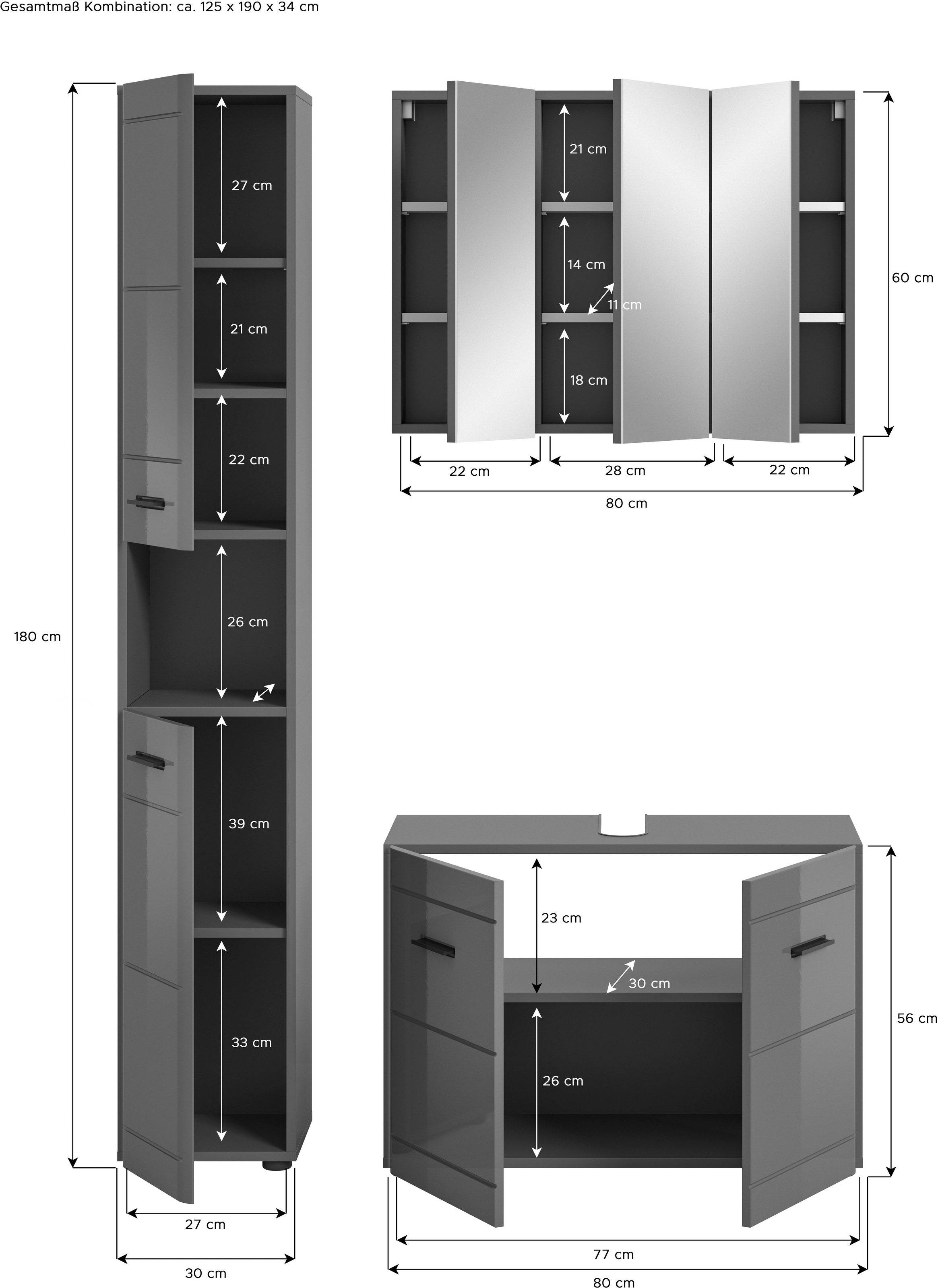 welltime Badmöbel-Set »Doux, bestehend aus: Hochschrank, Waschbeckenunterschrank,«, (3 St.), Spiegelschrank, hochwertige hochglanz MDF Front mit Rillenfräsung