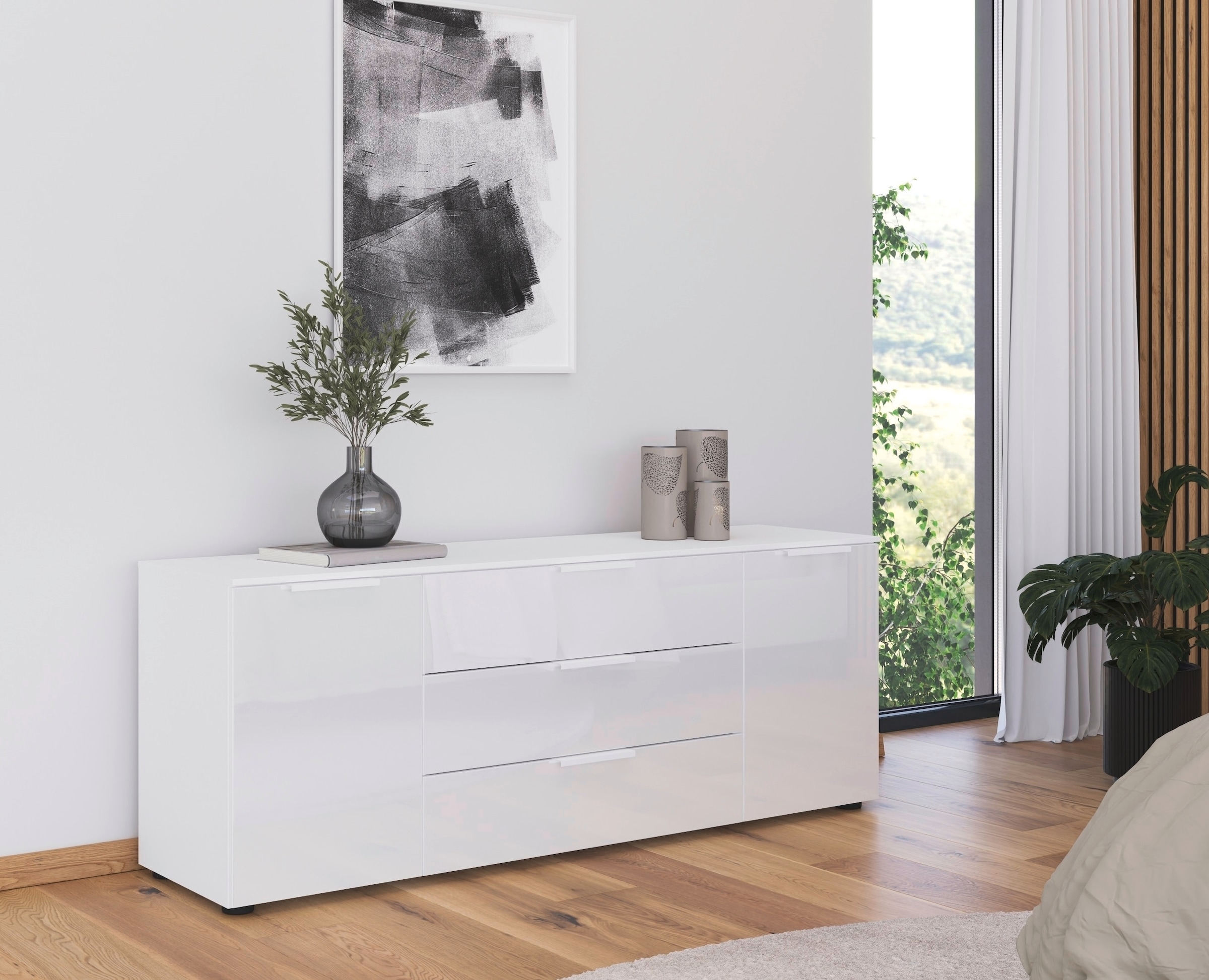rauch Schubkastenkommode »Kommode Türkommode Sideboard Kombikommode FLIPP mit Glasfront«, (Breite 160 cm mit 2 Einlegeböden), 2-türig mit 3 Schubladen und Soft-Close-Funktion sowie Glasfront