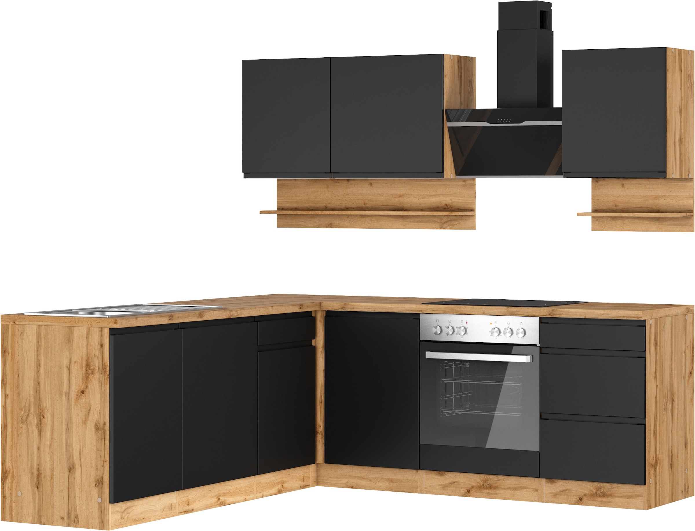 KOCHSTATION Winkelküche "KS-Virginia,neu in verbesserter Ausführung" Arbeitsplatte 38 mm stark, Stauraum, Softclose, Stellbreite 220/220 cm, Soft-Close,wahlweise mit E-Geräten