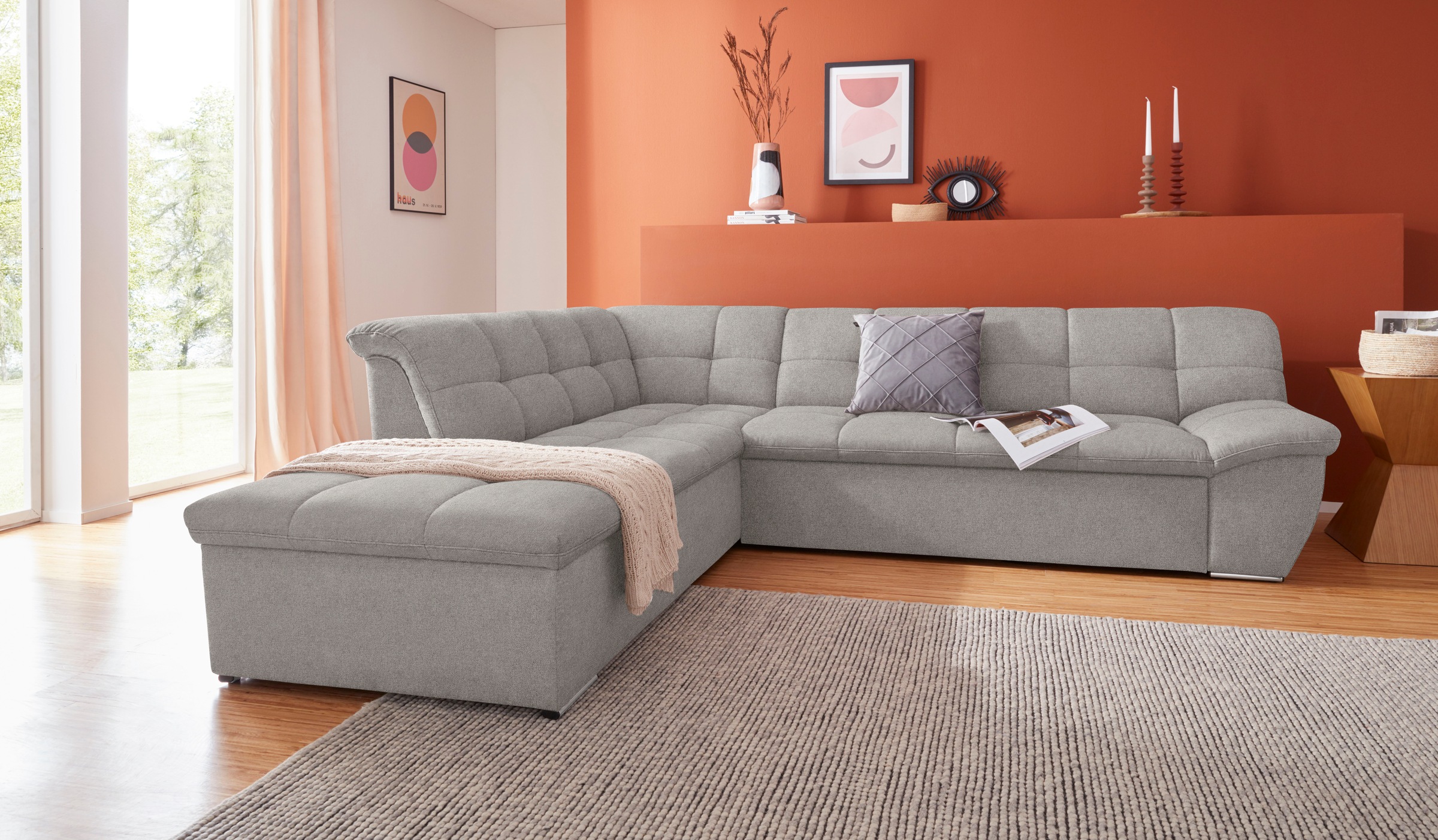 DOMO collection Ecksofa "Lagoa, moderne Sitzheftung, bequem und komfortabel, L-Form" wahlweise mit Bettfunktion, frei im Raum stellbar, große Farbvielfalt