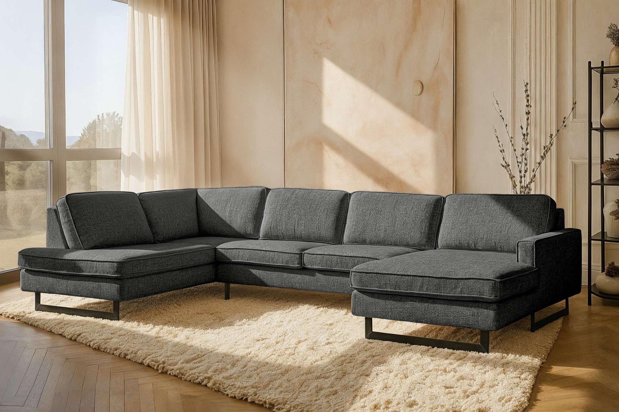 OTTO home Wohnlandschaft "Pinto, 350 cm, U-Form, XXL, mit Ottomanen" Cord, Chenille, Lederoptik, mit Keder, Metallfüße, Wellenunterfederung