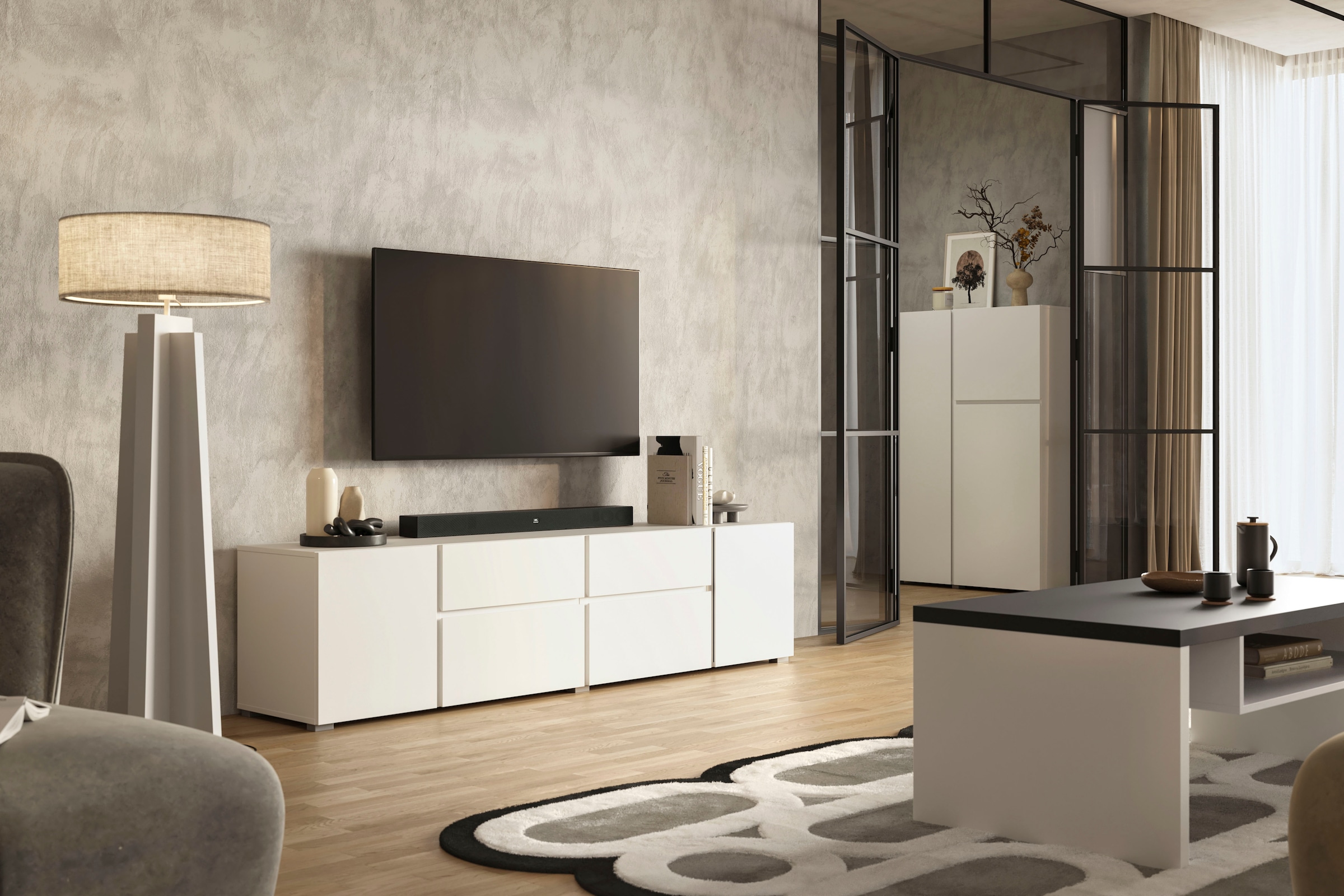 INOSIGN Lowboard »Asymetric, Breite 195 cm, grifflos, 2Klappen/2Schubkästen/2Tür«, TV-Schrank mit viel Stauraum, TV-Board