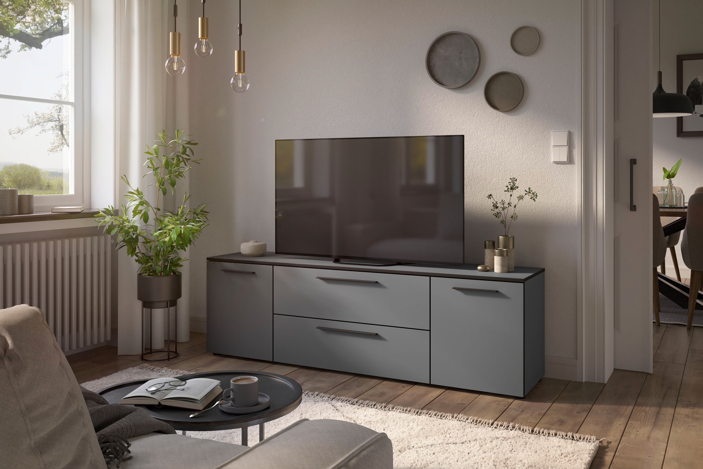 Manjana Möbel Lowboard "mit Schwarz matten Metallgriffen" günstig online kaufen