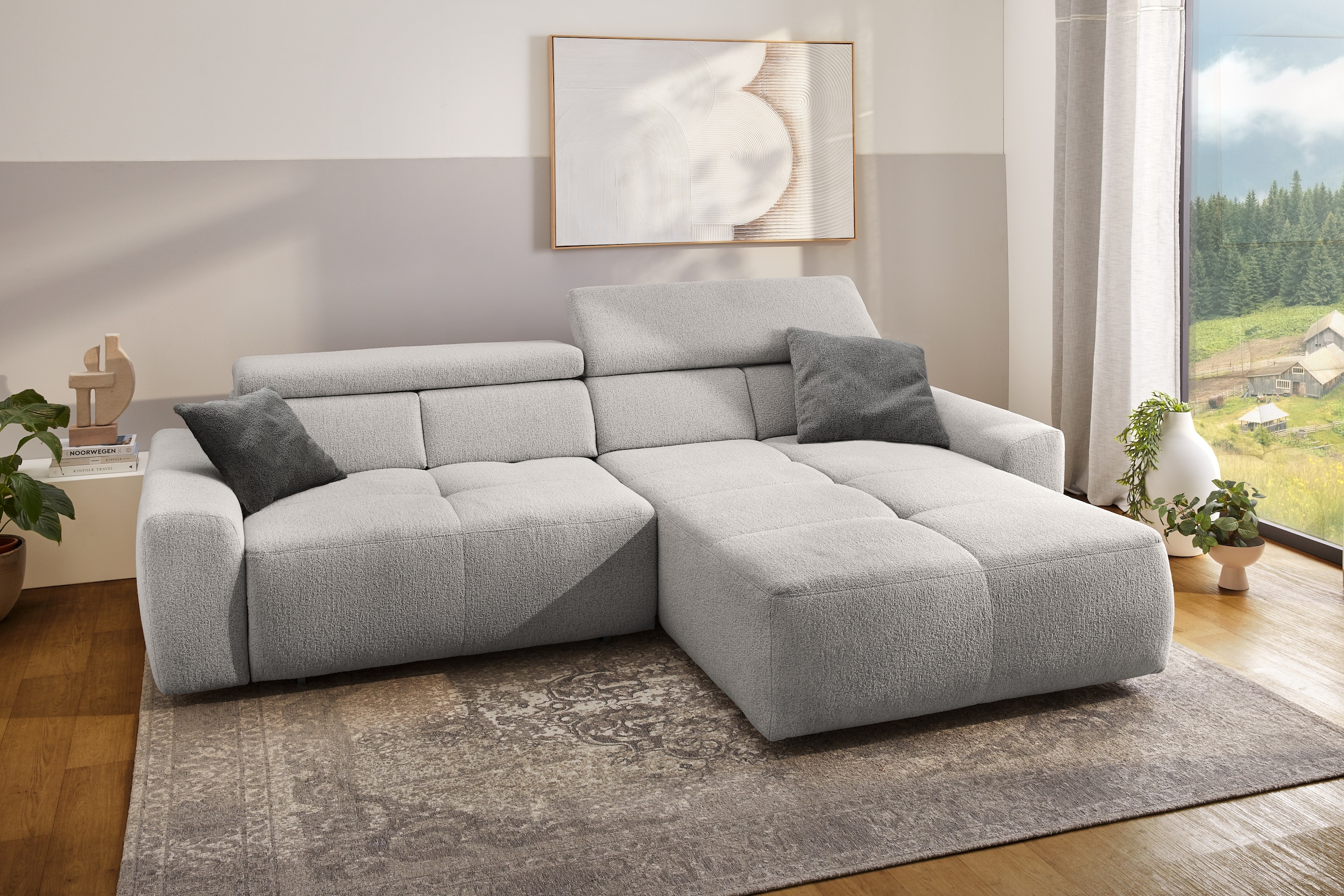 Jockenhöfer Gruppe Ecksofa »Unos L-Form, B: 299 cm, mit 60 cm elektr. Sitztiefenverstellung« 140kg Belastbarkeit, USB-Anschluss, Kopfteilverstellung & Zierkissen