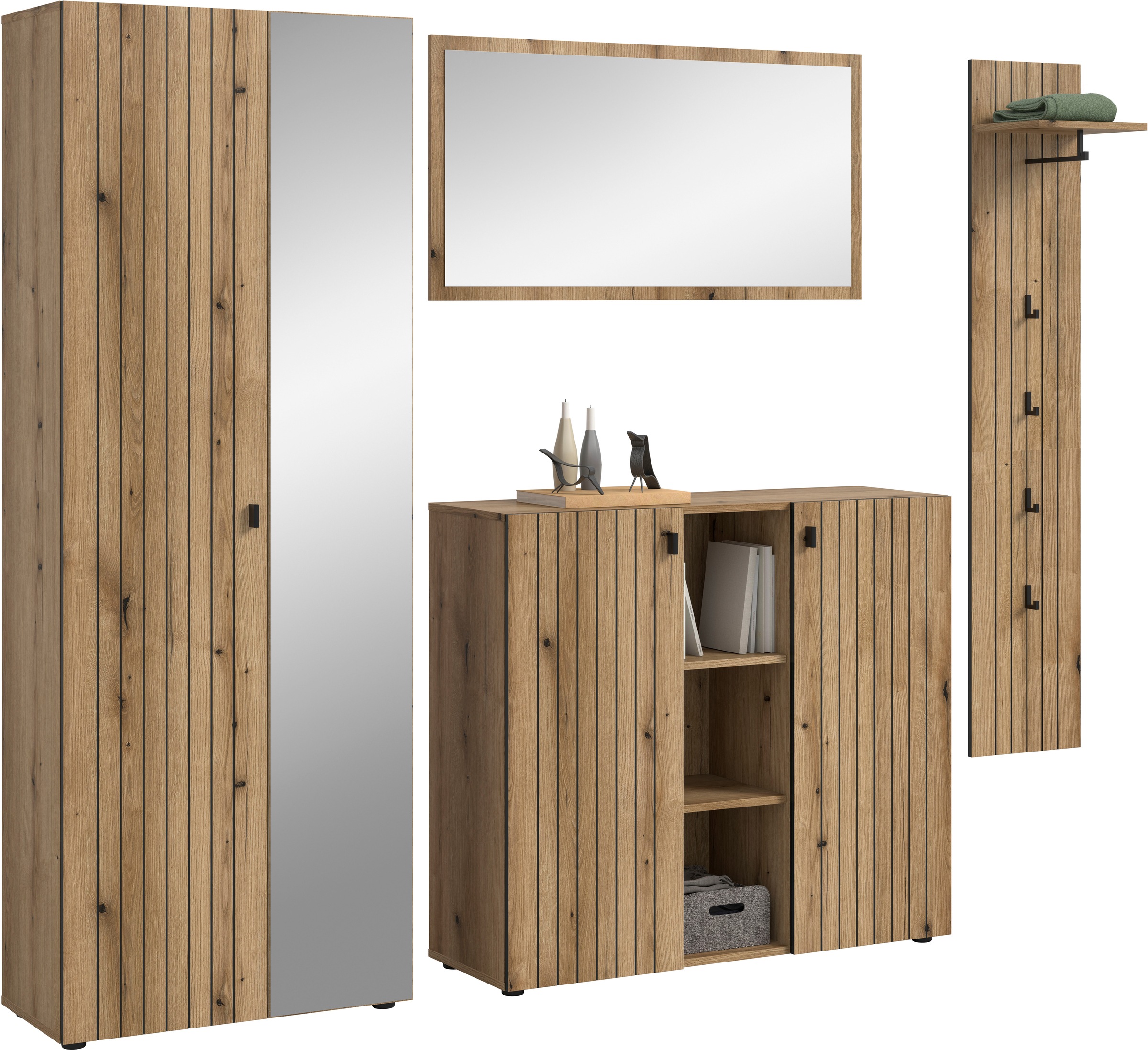 Thumbnail - Home affaire Garderoben-Set "TATIO, 4-tlg. Garderobenkombination, Breite: 237 cm, Rillenfräsung" Set, 1 Spiegel, 1 Garde...