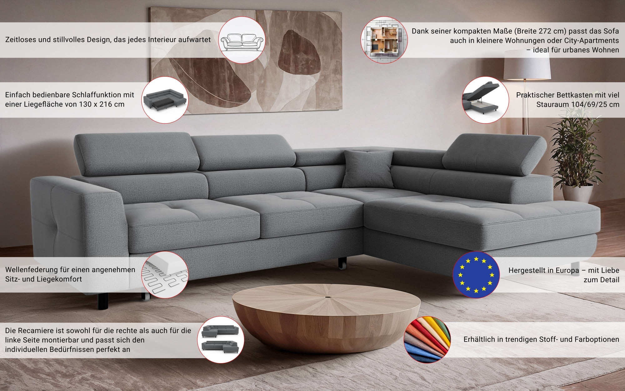 OTTO home Ecksofa »AADEN Schlafsofa mit verstellbaren Kopfstützen, B/T/H: 254/199/90 cm«, mit Bettfunktion und Bettkasten, Ottomane rechts/links bestellbar