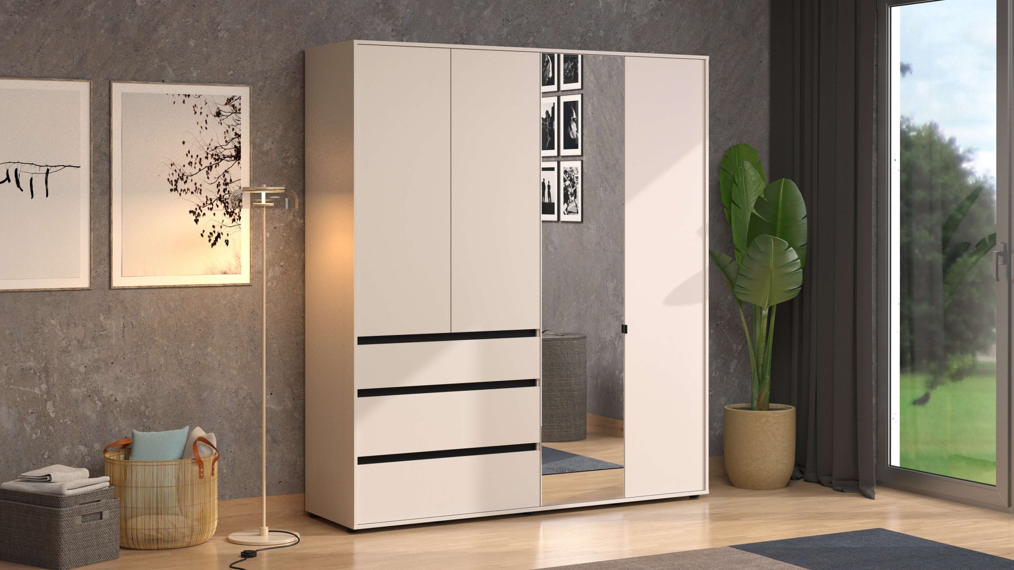 INOSIGN Kleiderschrank »Corbett, grifflose Optik, FSC-zertifziert, Made in Europe«, (138 oder 182,5cm breit, 211cm hoch und 54,5cm tief), mit Spiegel, 3 Schubladen und Innenausstattung