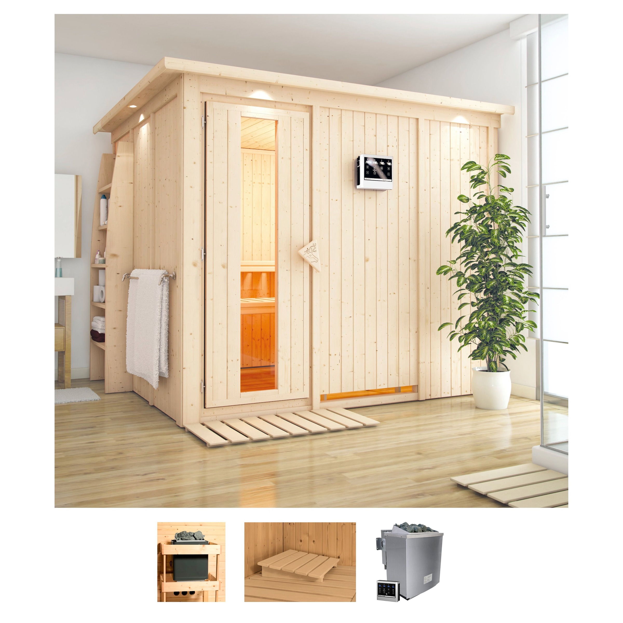 Karibu Sauna "Gitte", 9-kW-Bio-Ofen mit externer Steuerung