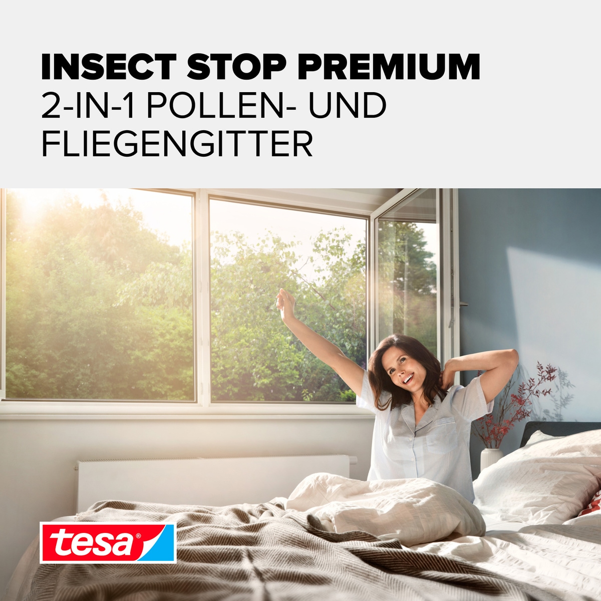 tesa Fliegengitter-Gewebe »Pollenschutzgitter 2-in-1 Pollenschutz und Fliegengitter, transparent« Packung, Fliegennetz, Klettband, 1 Stk. tlg. inkl. Selbstklebendes Klettband, INSECT STOP