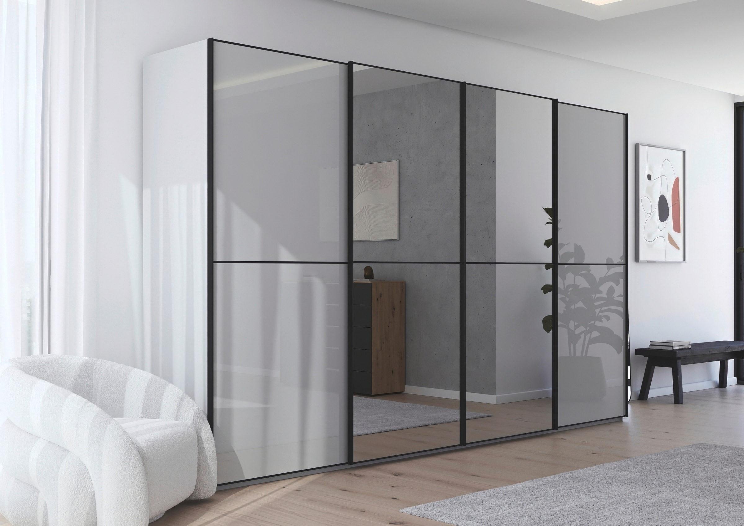 rauch Schwebetürenschrank »Kleiderschrank Schrank Garderobe Schlafzimmerschrank SCALE-DUO«, edle zweigeteilte Türen Spiegel/Glas-Mix 3 Zierleisten MADE IN GERMANY