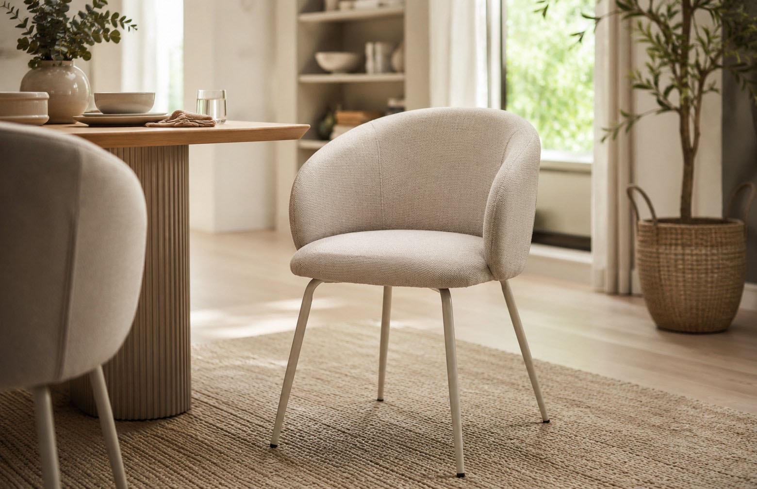 ACTONA GROUP Esszimmerstuhl "Eleanor 2er Set, gepolstert mit Armlehne, bequem, modern, beige" (Set) Skandinavisches Design, hoher Sitzkomfort & weicher Stoff