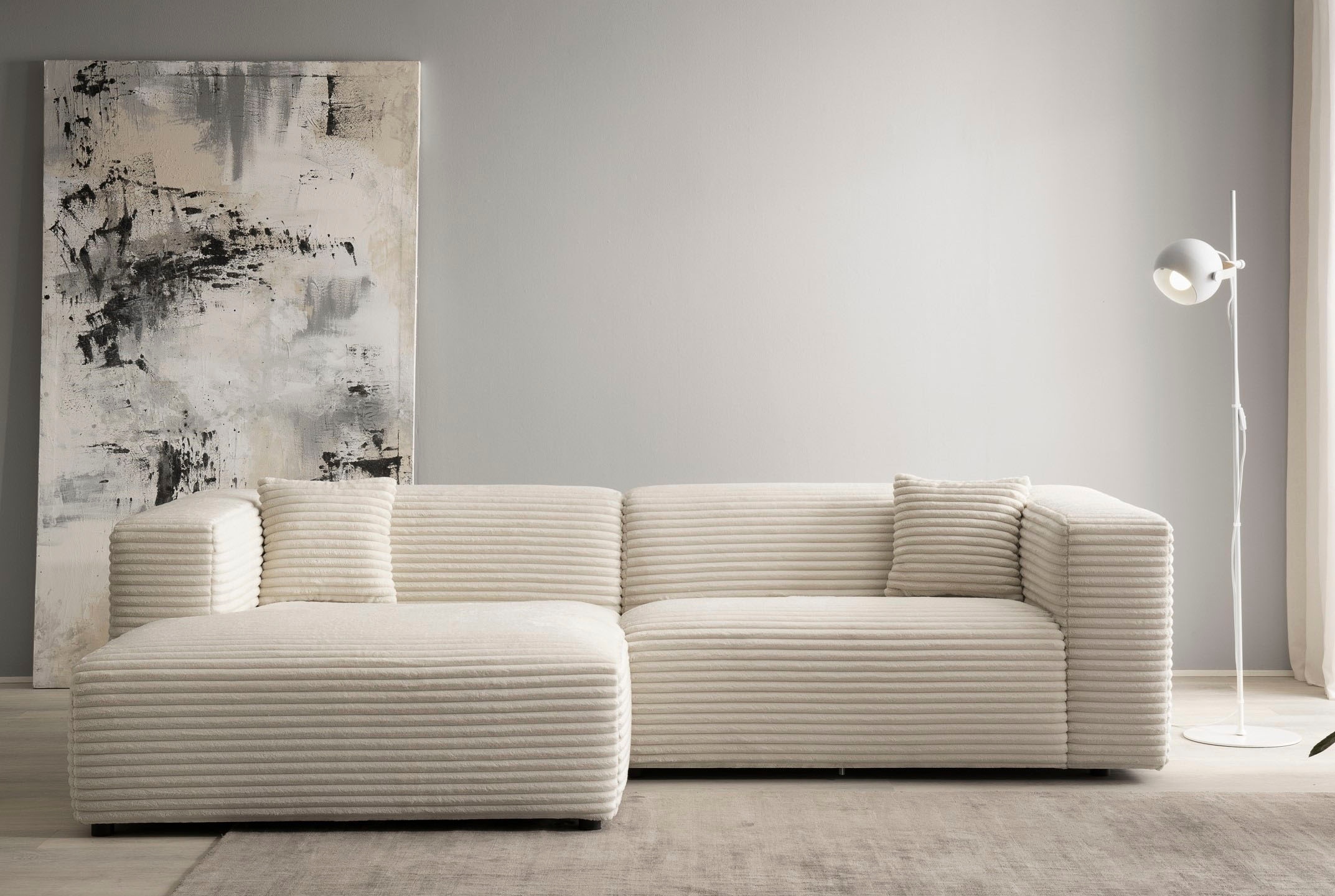 andas Ecksofa »BAKELS, L-Form in Cord oder Boucle-Stoff, moderne Couch«, wahlweise Recamiere rechts/links, bequemer Sitzkomfort