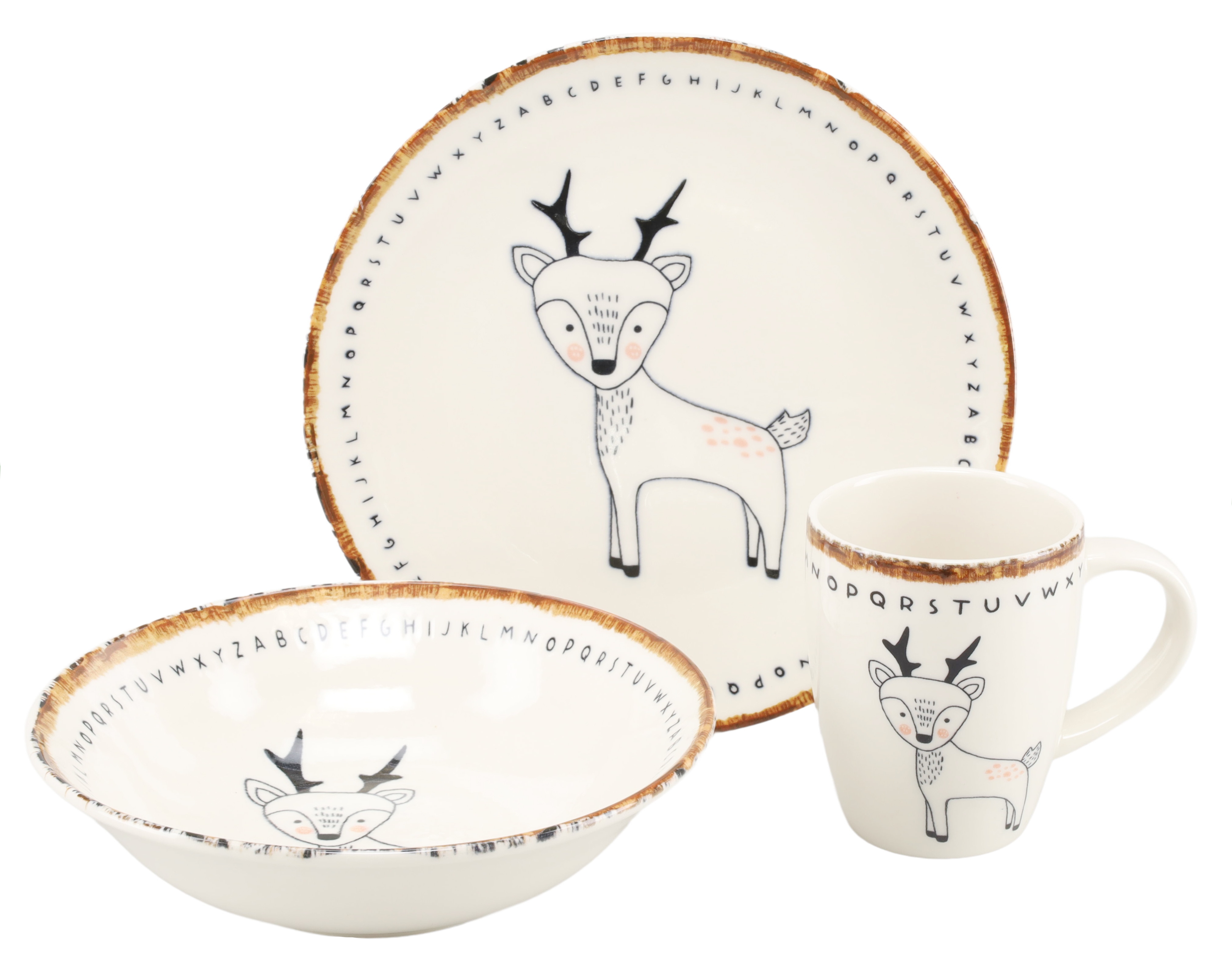 CreaTable Kindergeschirr-Set "Freunde des Waldes Reh, Kinder Set 3-tlg." Tiermotive, skandinavischer Stil, unregelmäßiger brauner Rand