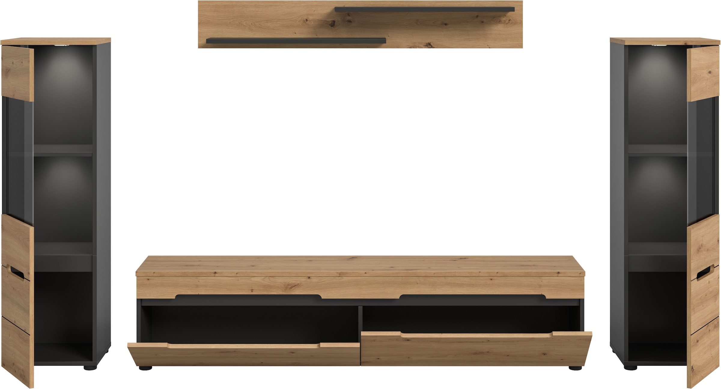 INOSIGN Wohnwand »REHAT, TOPSELLER!, 4-teilig, inkl. Beleuchtung, stehend oder hängend«, (4 St., Set bestehend aus: 2x Vitrine inkl. Beleuchtung, Lowboard & Wandboard), Kombination, Anbauwand, Set, Wohn-Set, Wohnzimmer-Set, Schrankwand