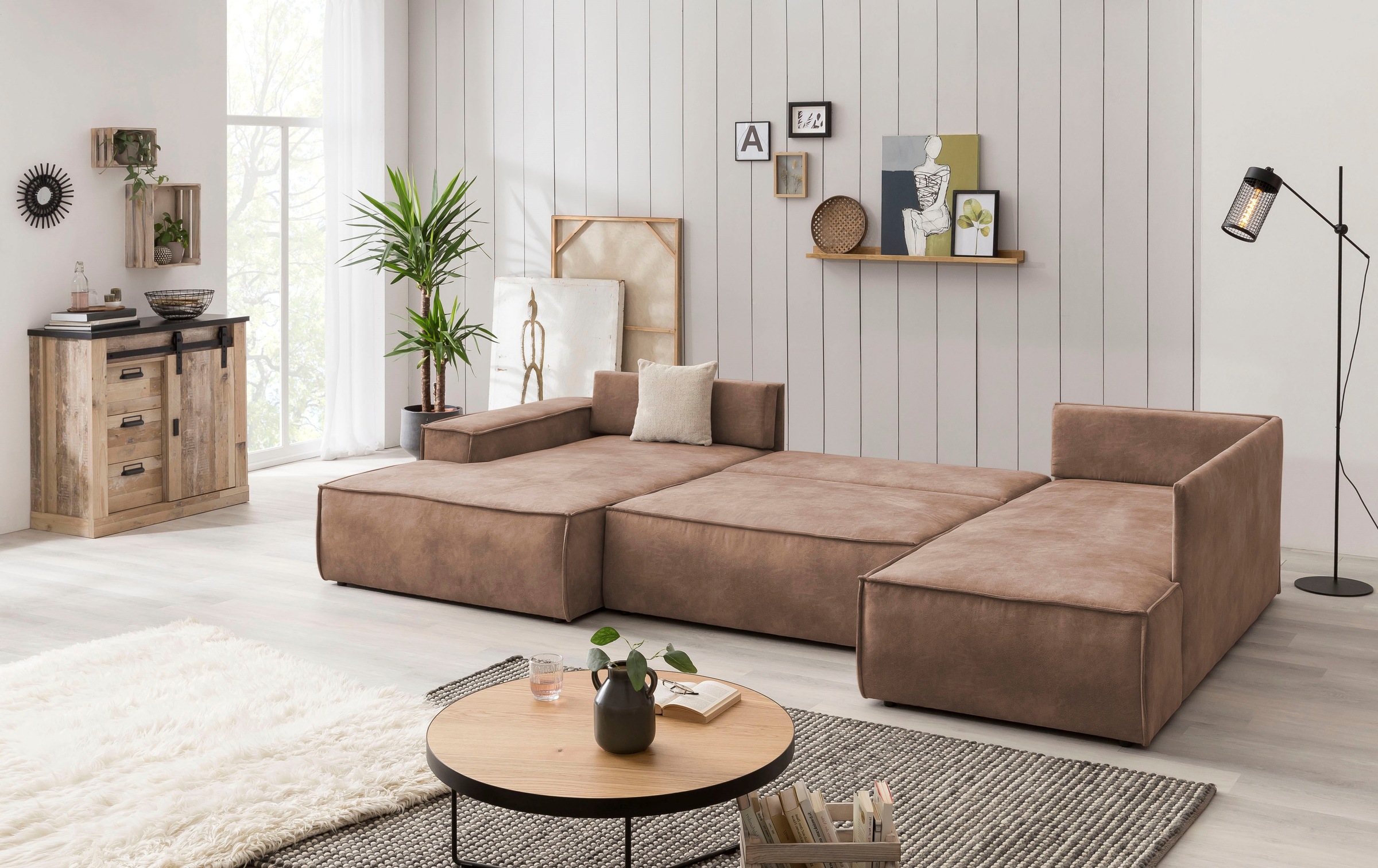 Home affaire Wohnlandschaft »SHERWOOD 329 cm, U-Form, Schlafsofa,«, Schlaffunktion m. Bettkasten (194x139 cm), Cord, Vintage, Samtvelours