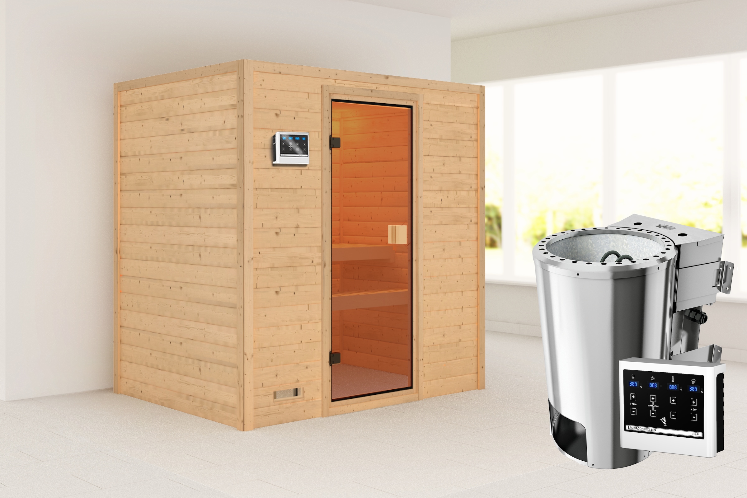 Karibu Sauna ""Sunie" mit bronzierter Tür, naturbelassen" aus hochwertiger nordischer Fichte