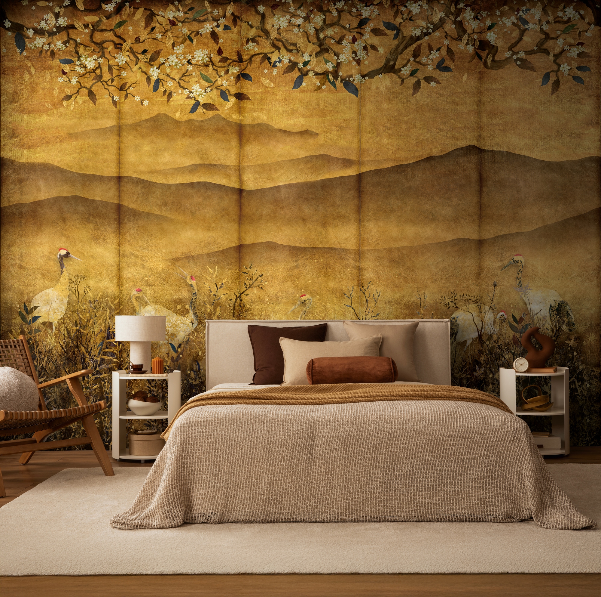 living walls Fototapete »The Wall 4 Flowers – Goldene Berge mit Blüten und Vögeln Fototapete« botanisch | floral | matt leicht strukturiert Goldene Berge mit Blüten und Vögeln – atmosphärischer Tiefe