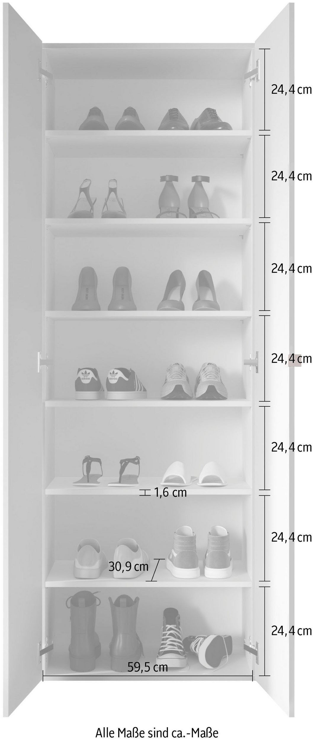 INOSIGN Schuhschrank »SMILE Breite 63 cm, Höhe 186 cm, Schuhregal mit 7 Ebenen,«, Schuhkommode in Weiss Hochglanz Lack