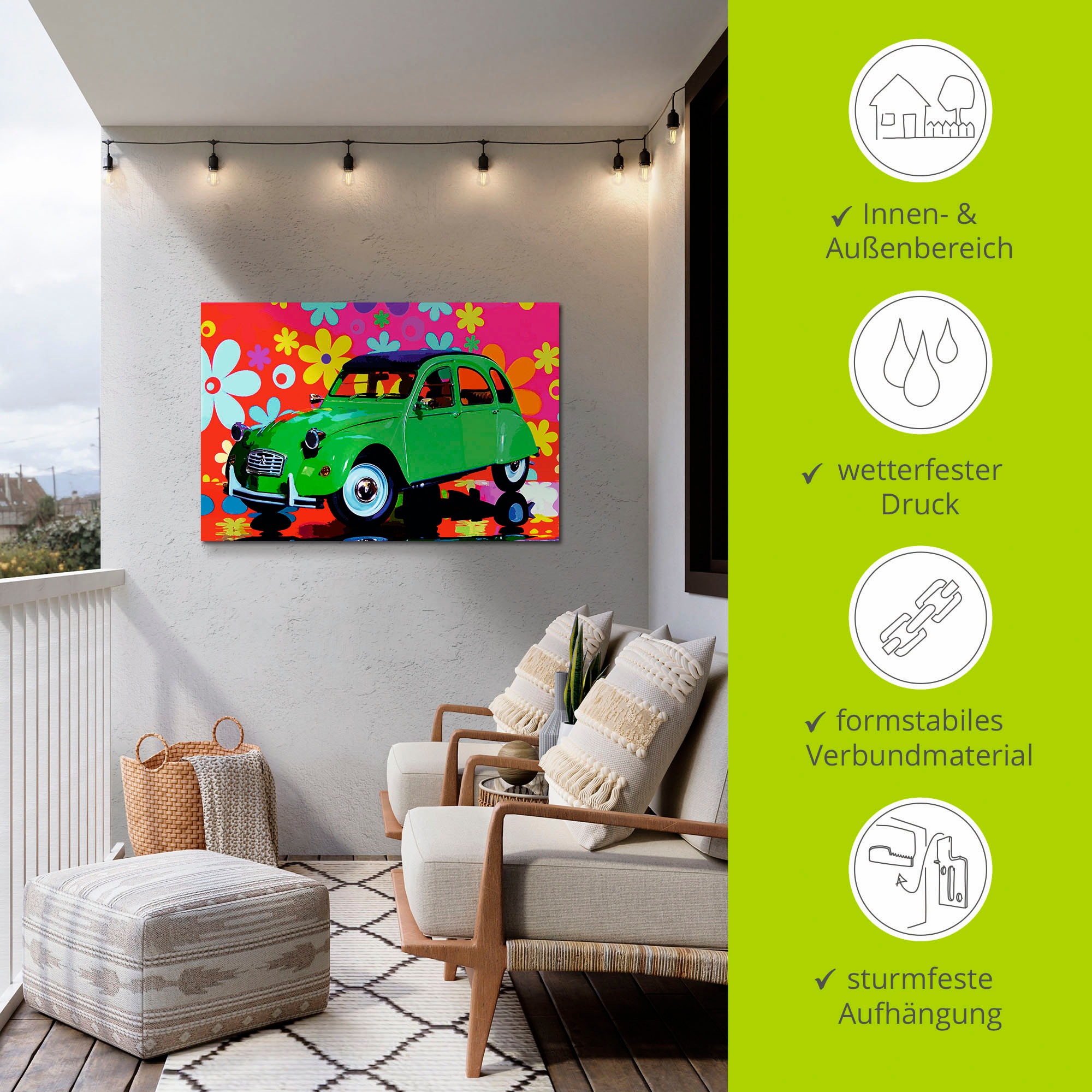 Artland Alu-Dibond-Druck »CitroÃ«n 2CV grün« Auto 1 Stk. tlg. für Innen- und Außenbereich geeignet, Outdoorbild